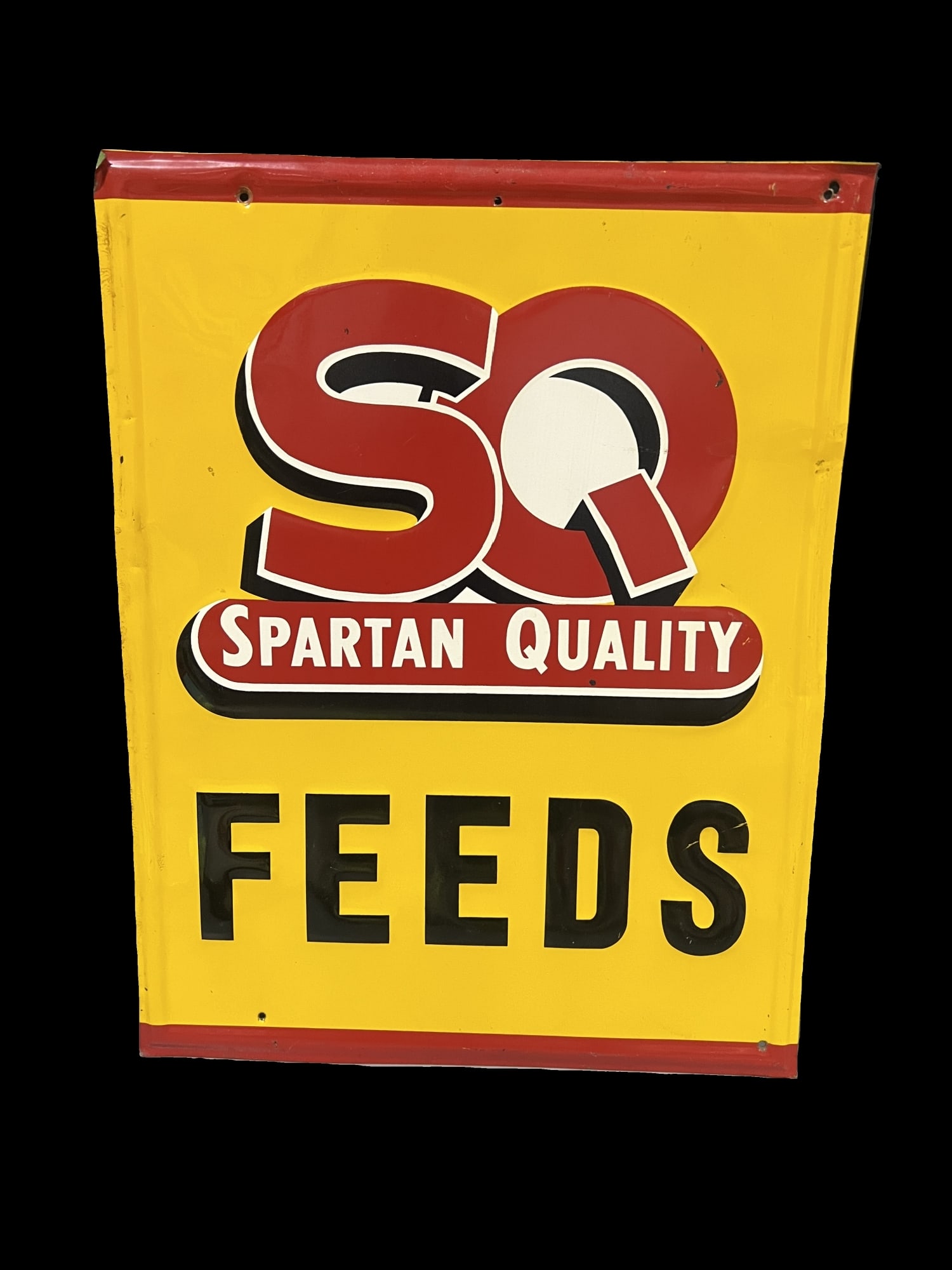 Spartan Quality SQ feeds farming tin metal sign: Clean sign. 14" H x 18" W.