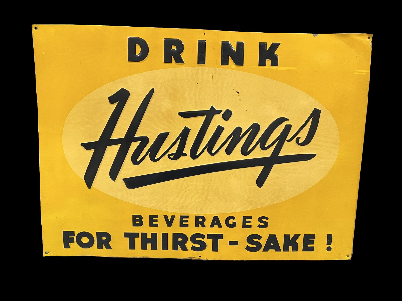 Drink Hustings beverages tin metal soda sign: Great country store sign. 28" H x 20" W.