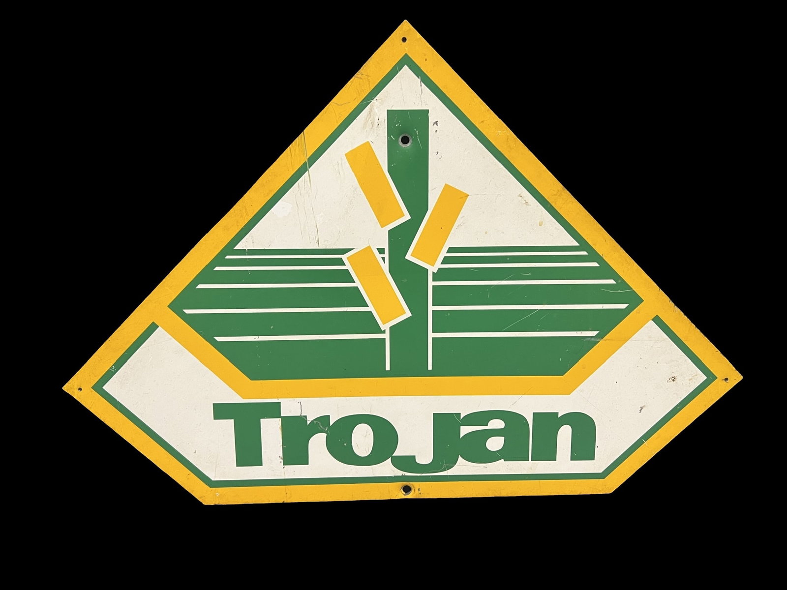 Trojan farming tin metal sign: Great as an outdoor hanger or country store. 27" H x 18" W.