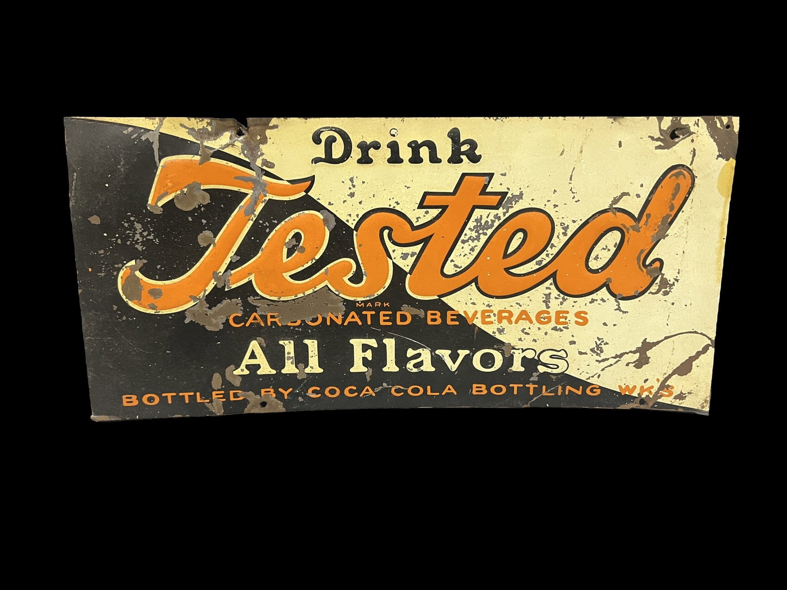 Drink Tested carbonated beverages tin metal soda sign: I wouldn't call it mint, but would look nice outside. 19" H x 9" W.