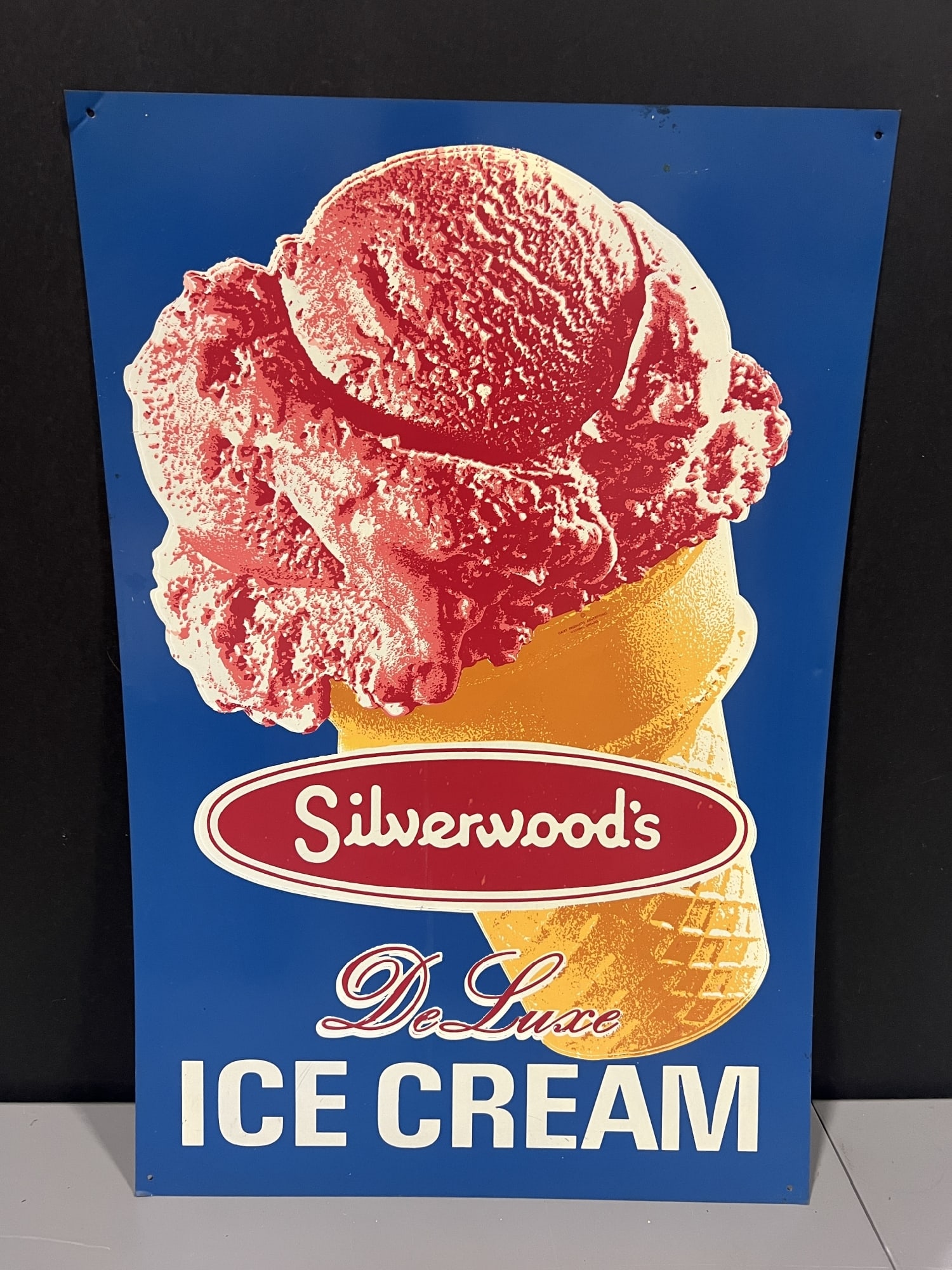 Big Silverwoods ice cream tin metal sign: Strong graphics, nice condition . 23" H x 35" W.