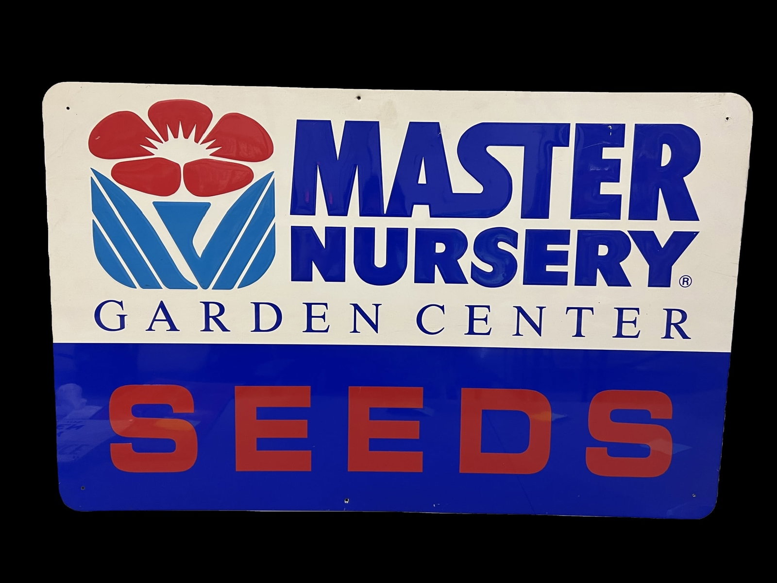 Master Nursery Garden center farming seeds tin metal sign: Nice graphics and colors. 41" H x 26" W.