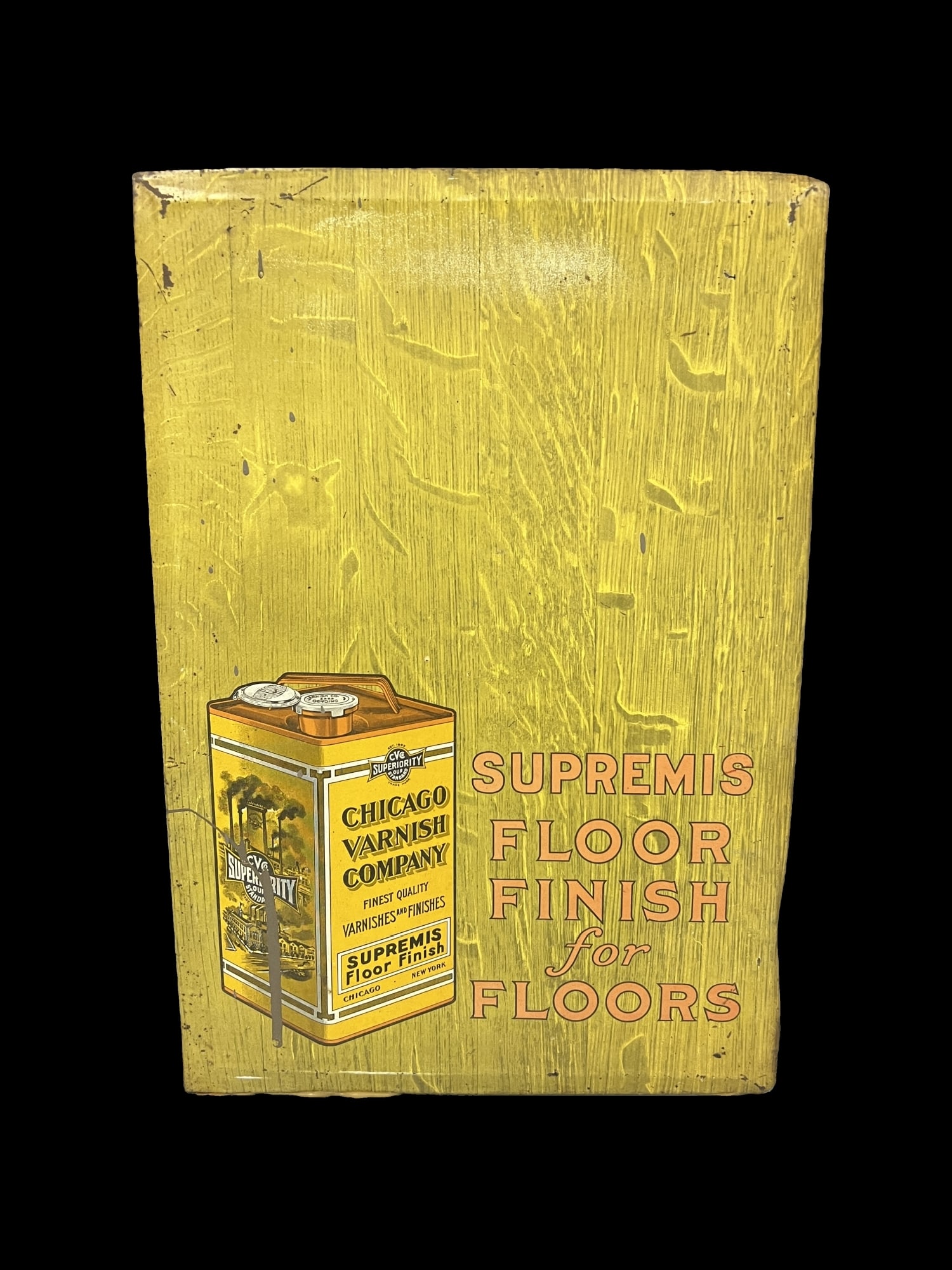 Chicago varnish company Supremis floor finish tin over cardboard: Unique sign, back is quite worn. 13" H x 19" W.