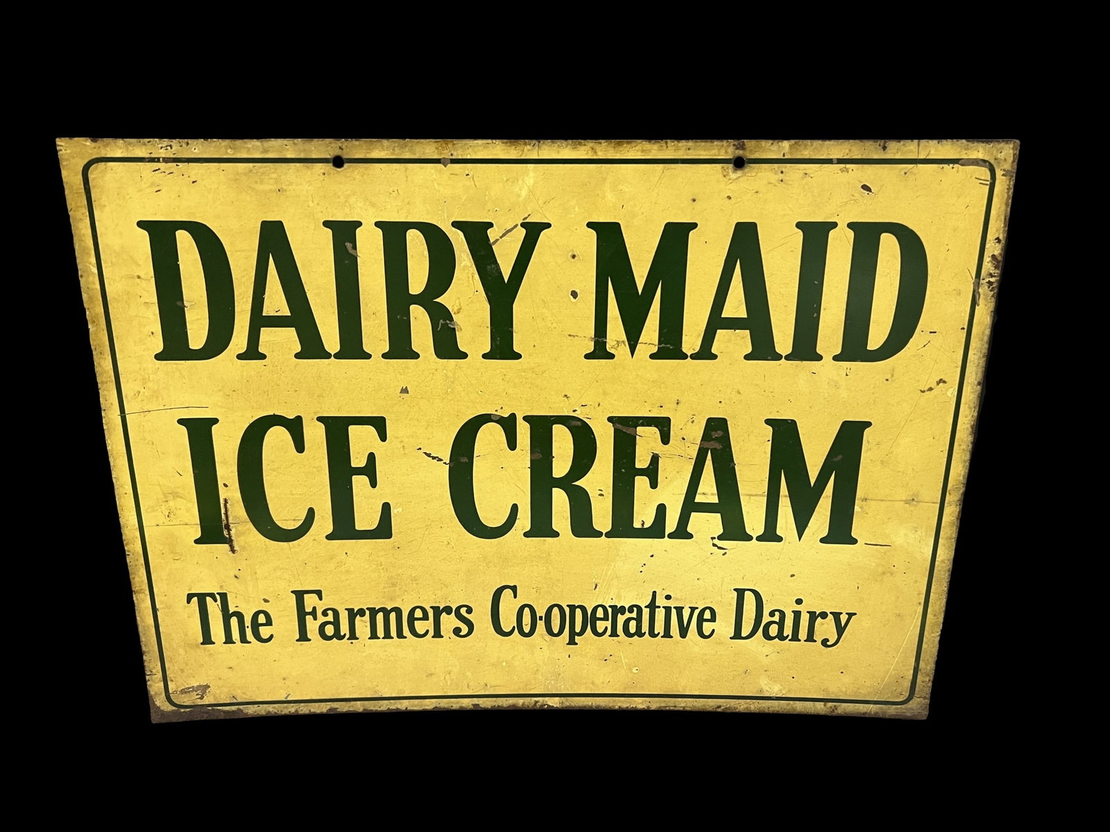 DST Dairy maid ice cream farmers tin metal sign: A tad bit of patina. 28" H x 20" W.