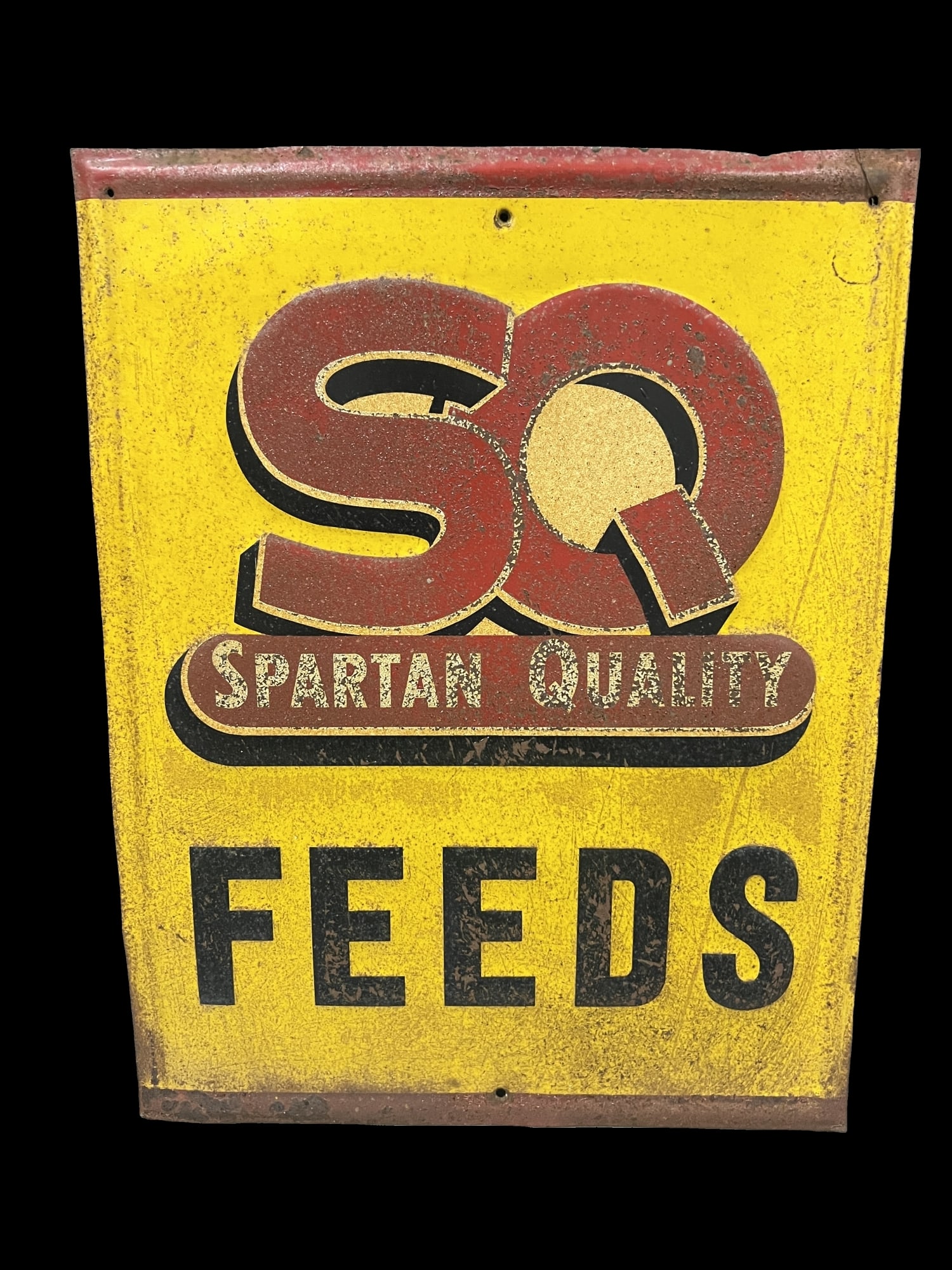 Spartan Quality SQ feeds farming tin metal sign: Not quite mint, a bit of patina. 14" H x 18" W.