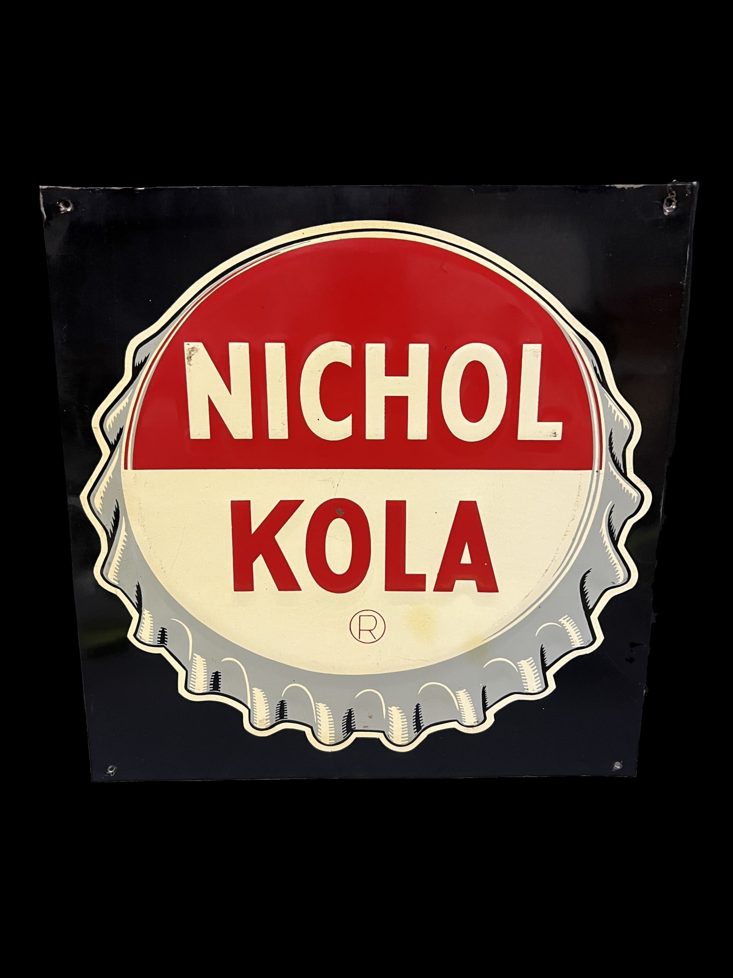 Nichol Kola tin metal soda sign: Strong graphics. 14" H x 15" W.