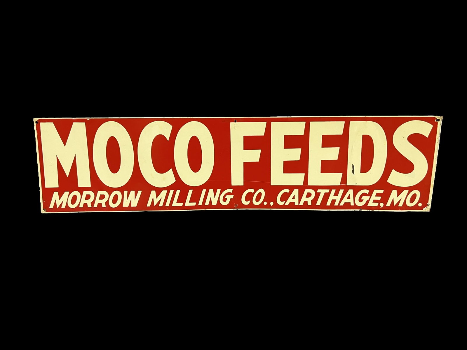 Moco Feeds Morrow Milling tin metal sign: Great as an outdoor hanger or country store. 24" H x 6" W.