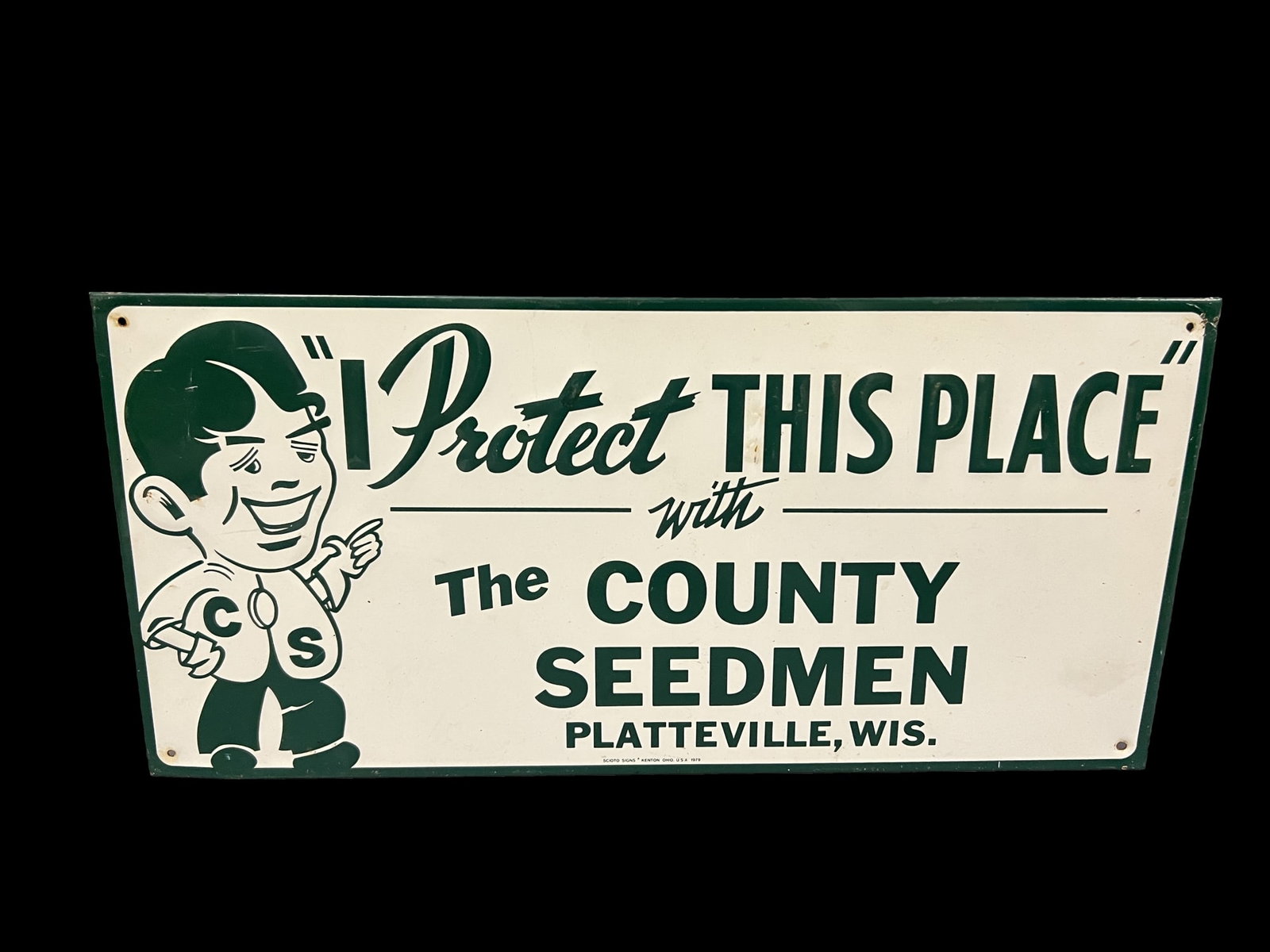 Protect this place county Seedman tin metal sign: Very nice tin metal sign. 19" H x 9" W.