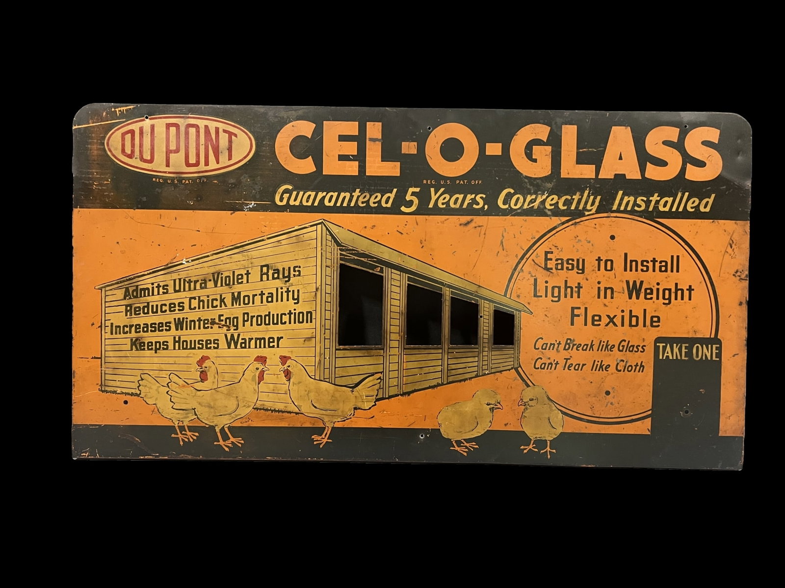 Dupont Cel-o-Glass reduces chick mortality tin metal display farming sign: Unique DuPont piece. Dulling of paint and wear through out. 38" H x 20" W.