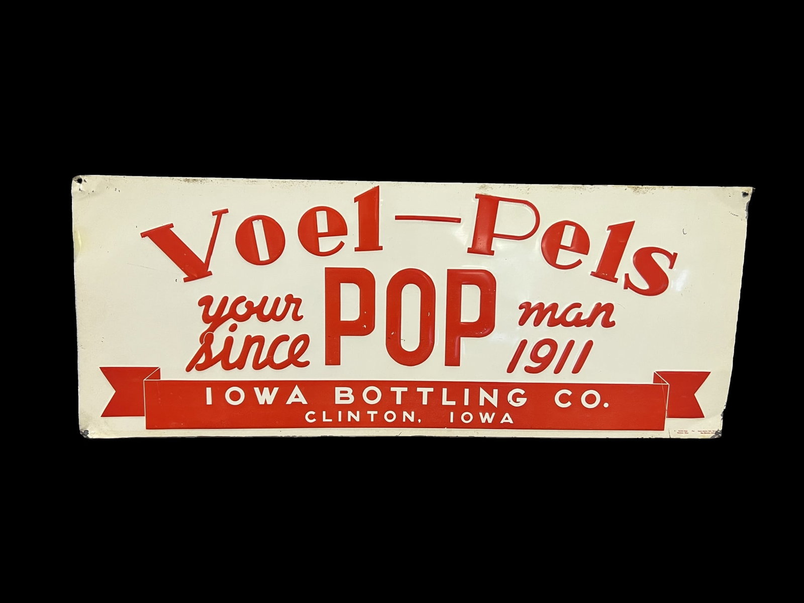 Voel Pels Pop Iowa Bottling tin metal soda sign: Shelf wear present throughout. 30" H x 12" W.