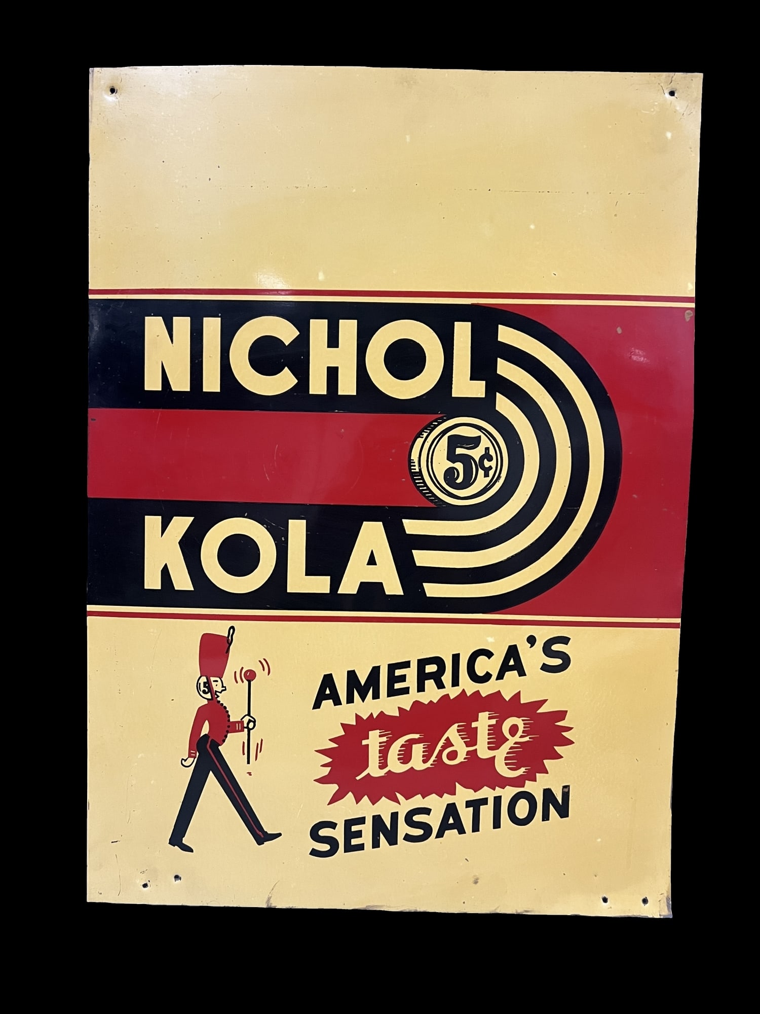 Nichol Kola tin metal soda sign: Paint Is dull. 20" H x 28" W.