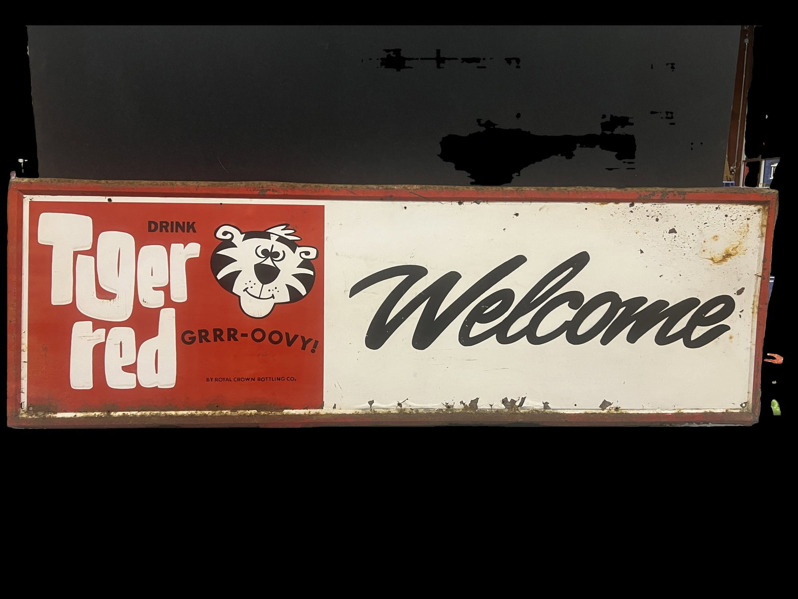 Tiger red Groovy tin metal soda sign: Not quite mint, a bit of patina. 54" H x 18" W.