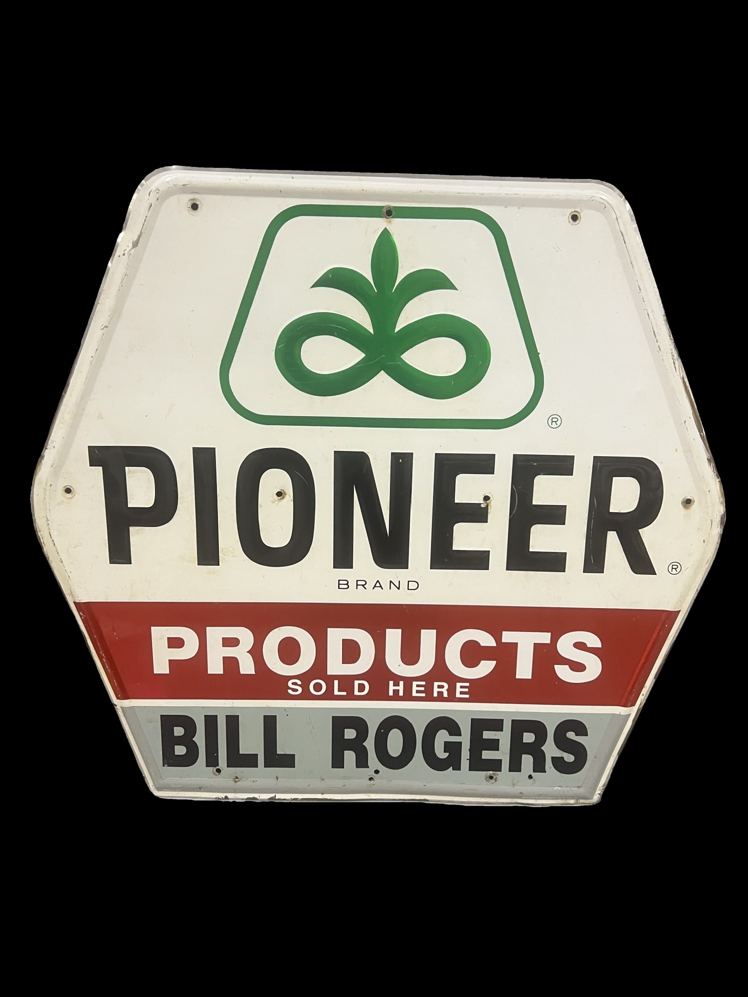 Pioneer brand products tin metal farming sign: Great as an outdoor hanger or country store. 34" H x 36" W.