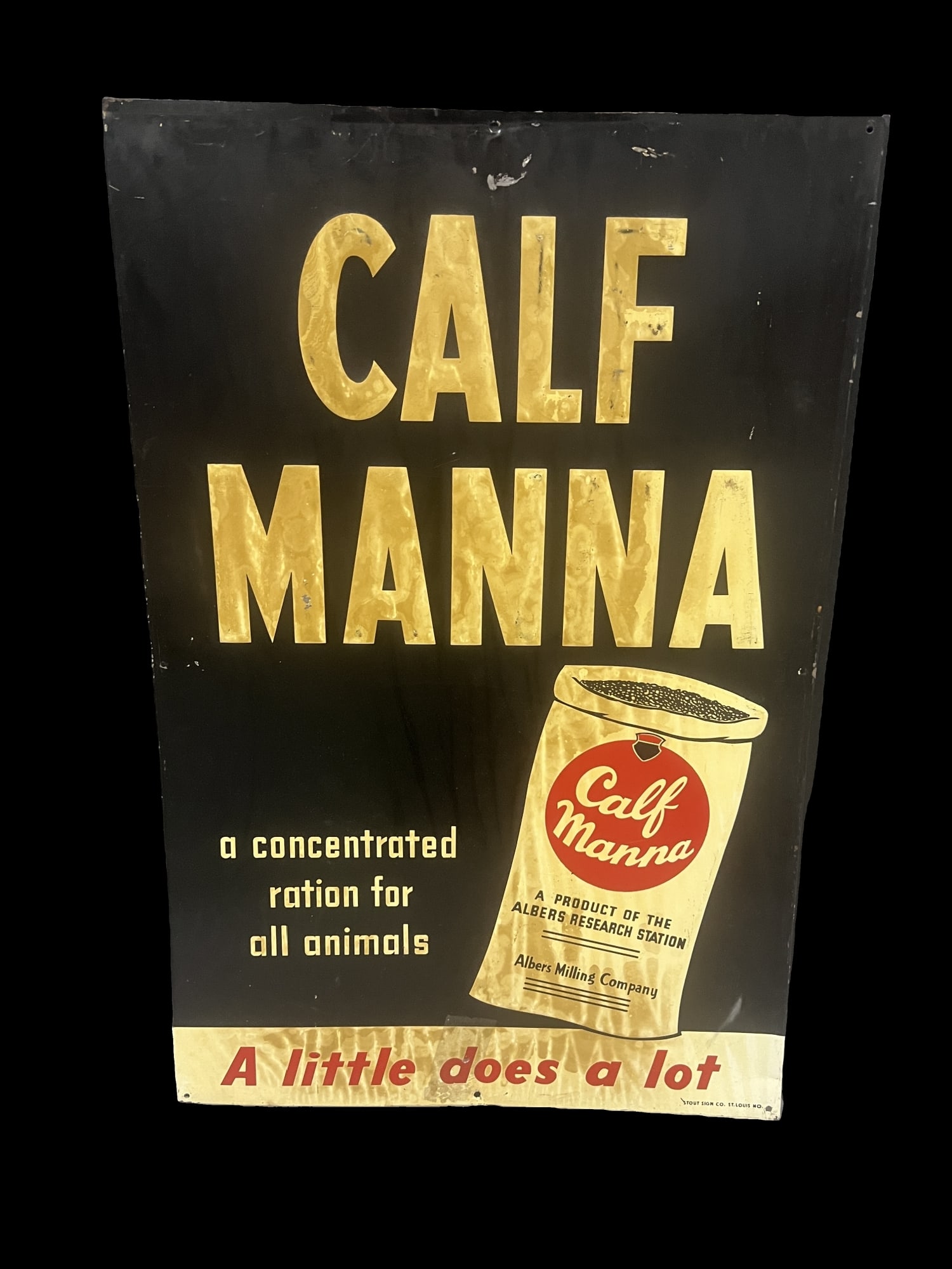 Large Calf Manna tin metal farming sign: Dark original paper stains. 24" H x 36" W.