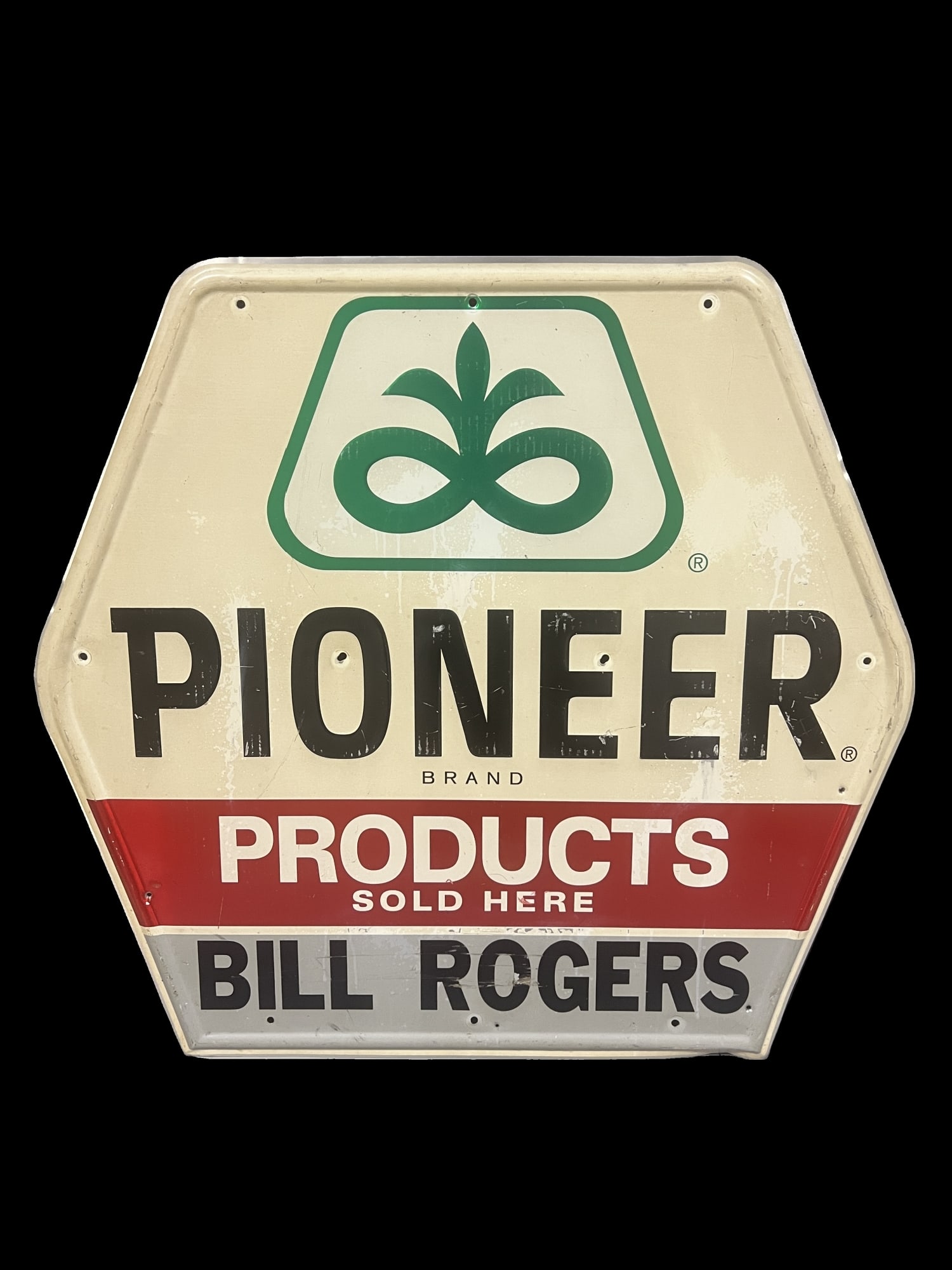 Pioneer brand products tin metal farming sign: Great as an outdoor hanger or country store. 36" H x 34" W.
