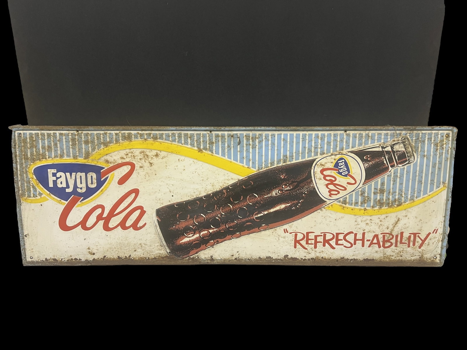 Faygo cola tin metal soda sign: Not quite mint, a bit of patina. 54" H x 18" W.