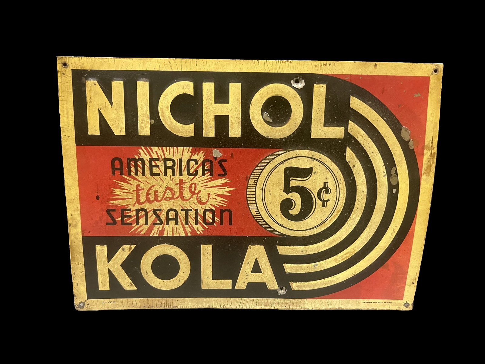Nichol Kola tin metal soda sign: Great as an outdoor hanger or country store. 14" H x 10" W.
