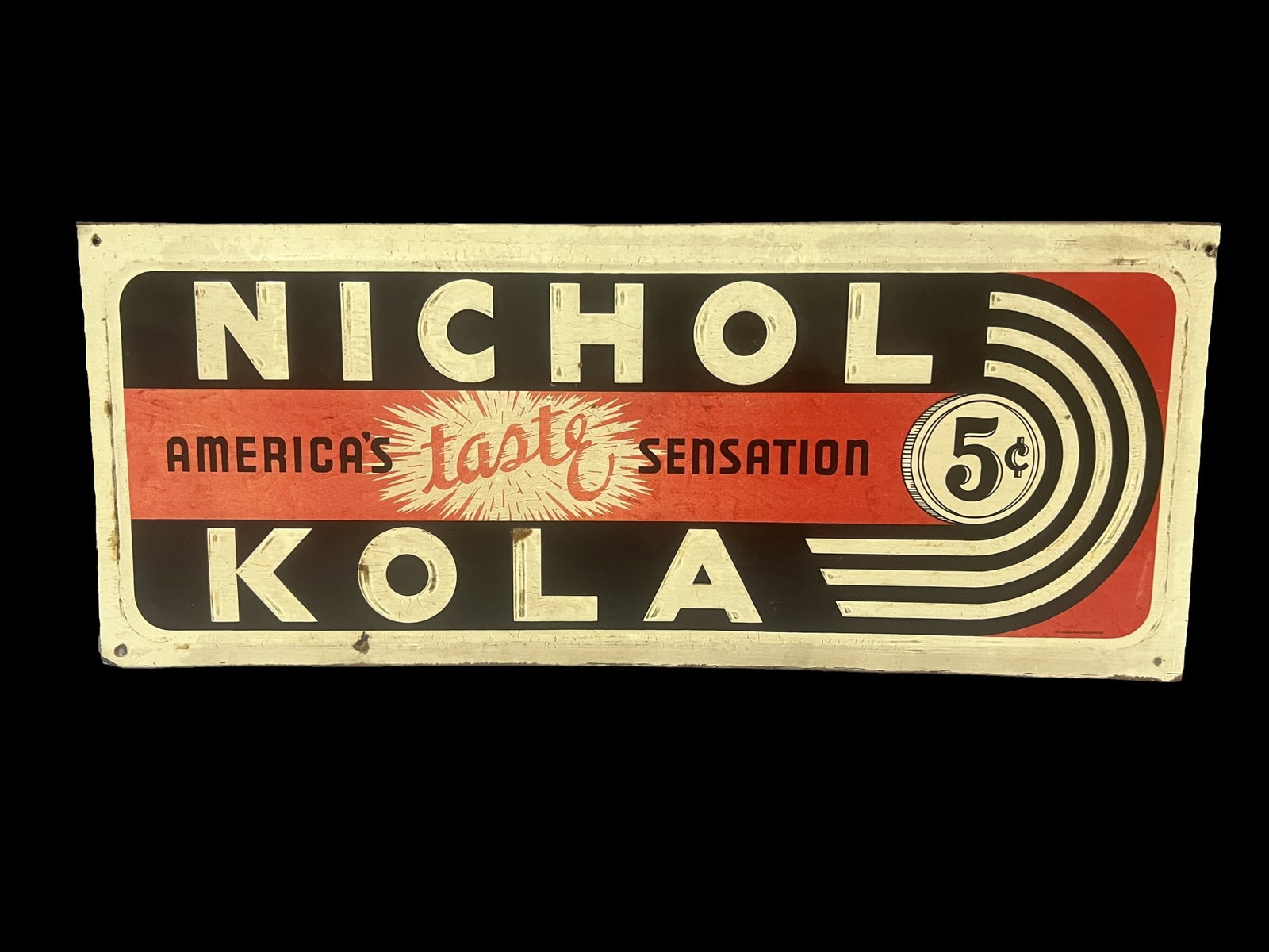 Nichol Kola tin metal soda sign: Dirty, needs cleaning. 27" H x 11" W.