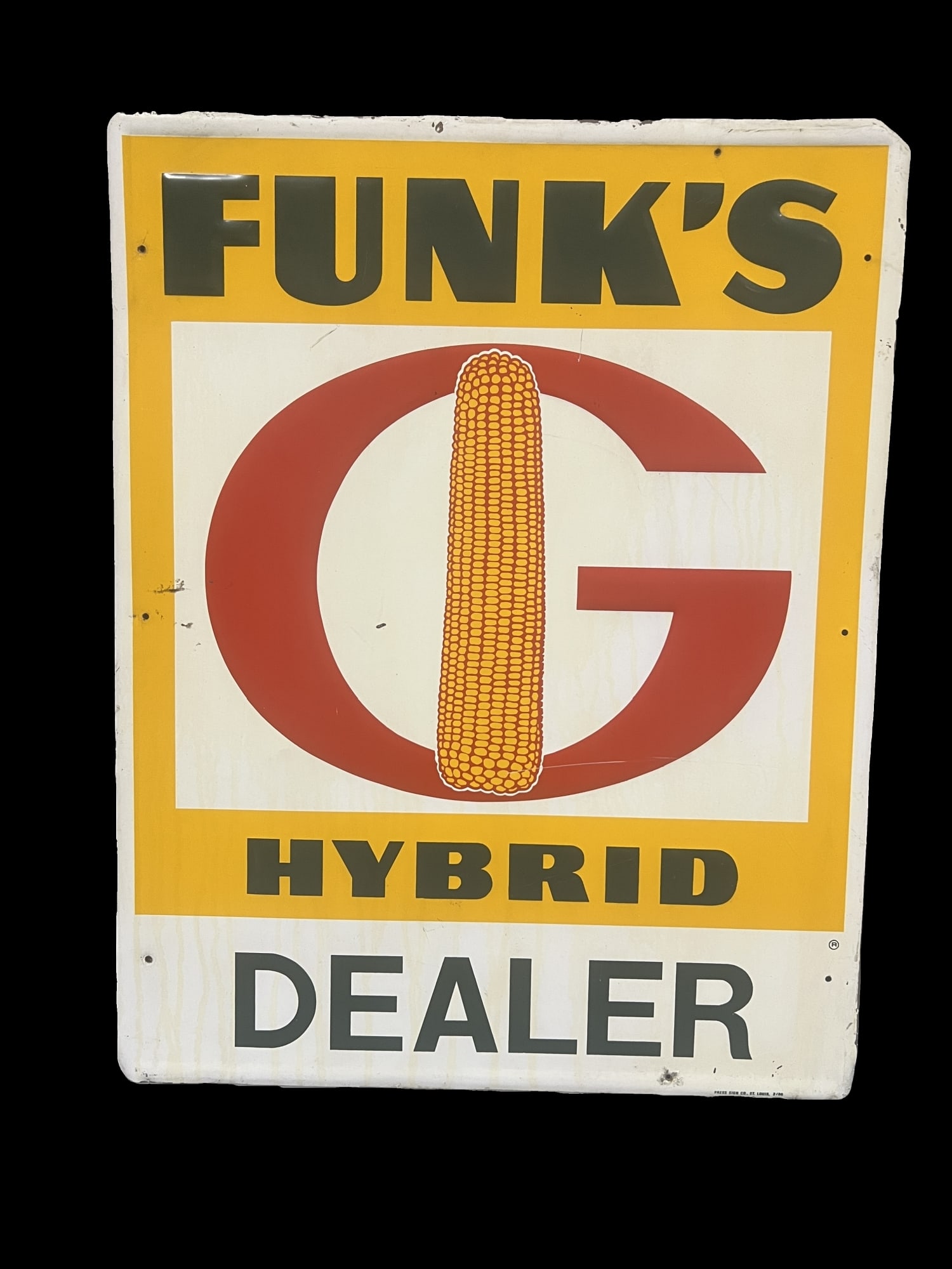 Funks Hybrid corn dealer farming tin metal sign: Great as an outdoor hanger or country store. 30" H x 23" W.