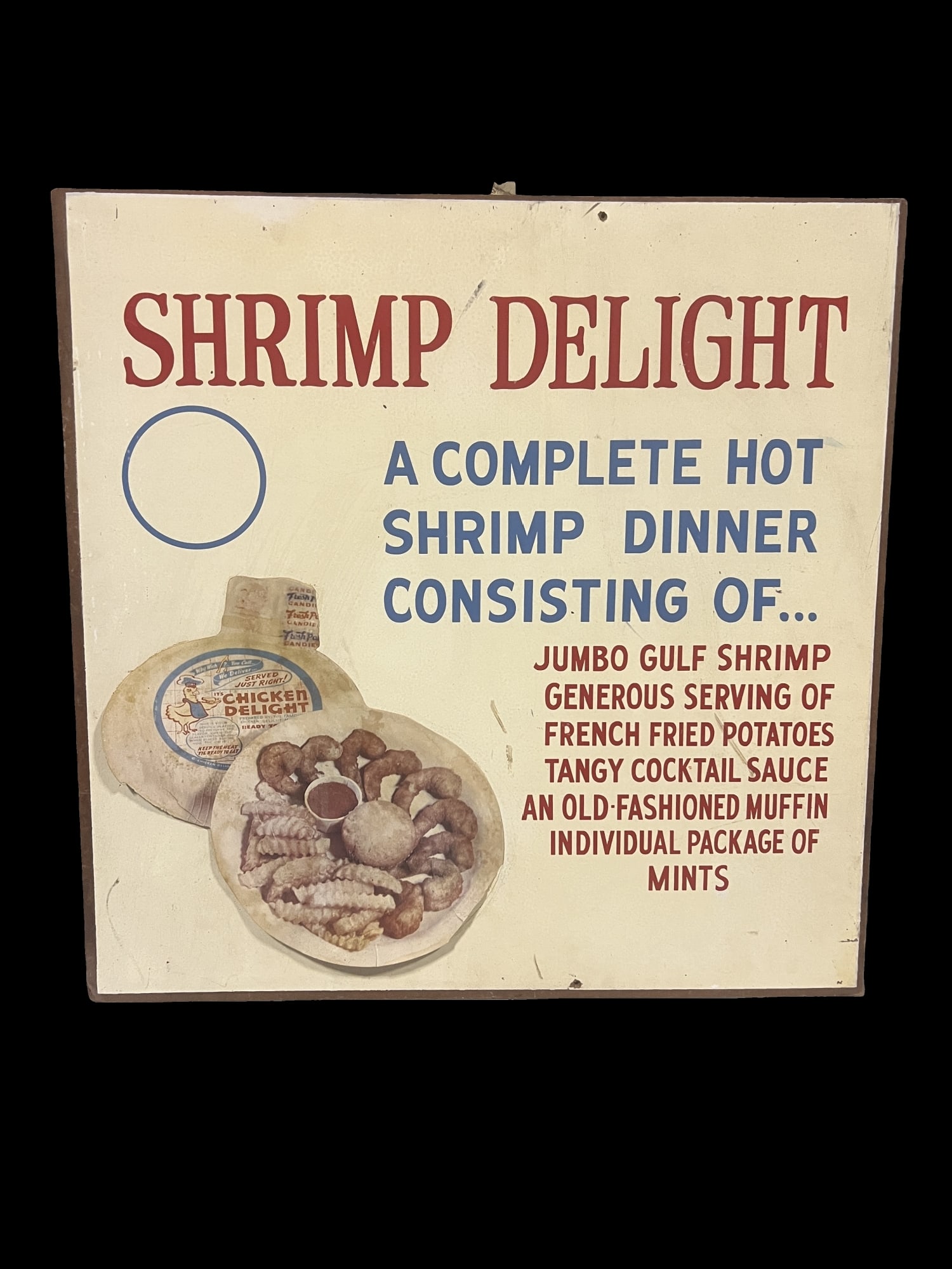 Shrimp Delight pressboard country store food sign: Great as an outdoor hanger or country store. 24" H x 24" W.