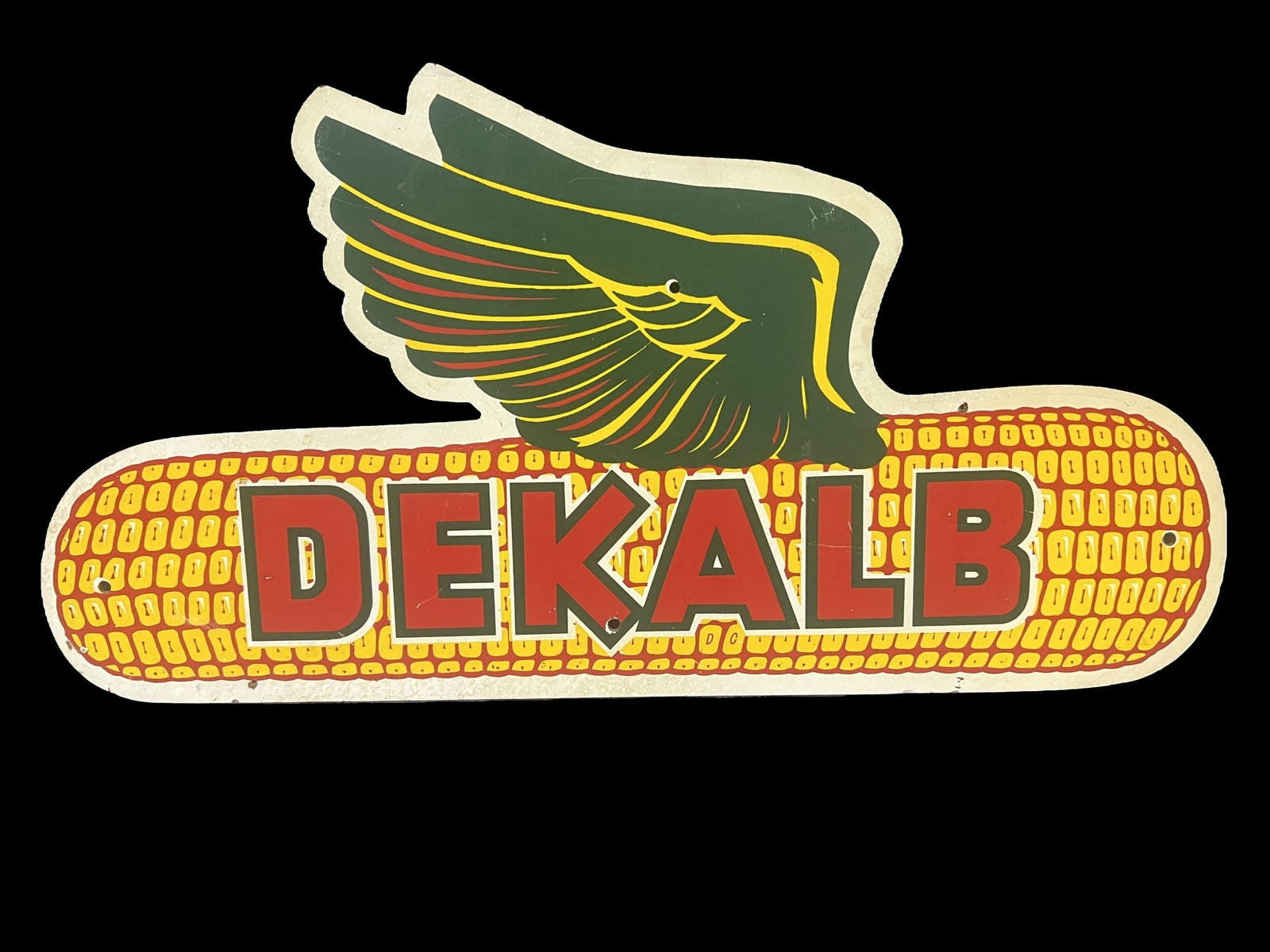 Dekalb pressboard corn farming sign: Nice colors and graphics. 31" H x 16" W.