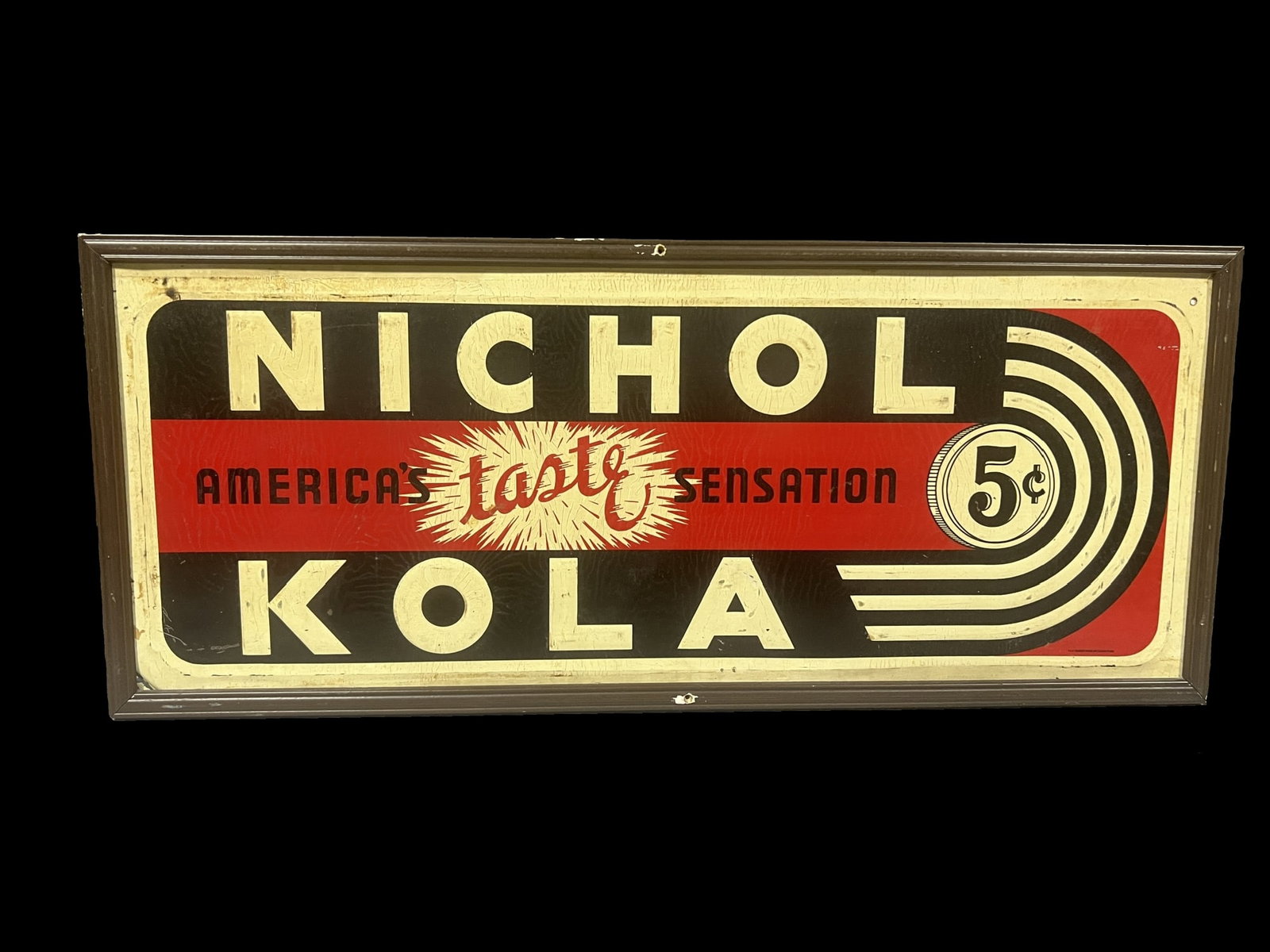 Nichol Kola tin metal soda sign: Lots of original paper marks present. 28" H x 12" W.