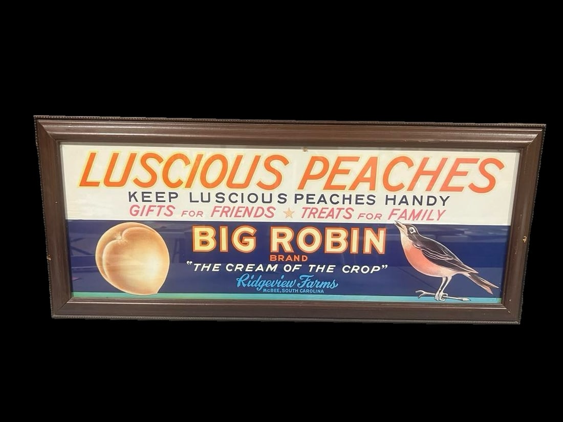 Big Robin Luscious peaches framed sign: Great graphics. We can't always confirm if framed items are paper or cardboard without removing them. Consigner will not allow that. We make our best guess as to the material enclosed. 30" H x 13" W.