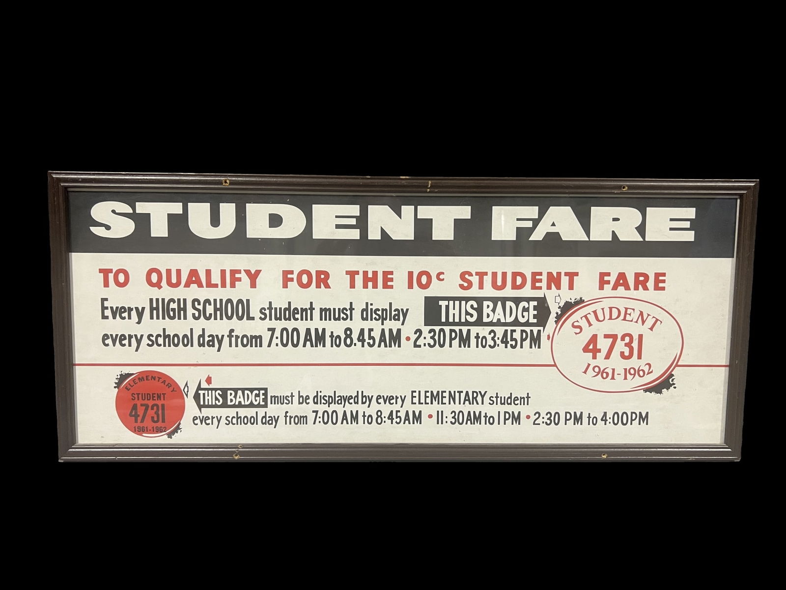 Student fare bus framed sign: Great graphics. We can't always confirm if framed items are paper or cardboard without removing them. Consigner will not allow that. We make our best guess as to the material enclosed. 29" H x 12" W.