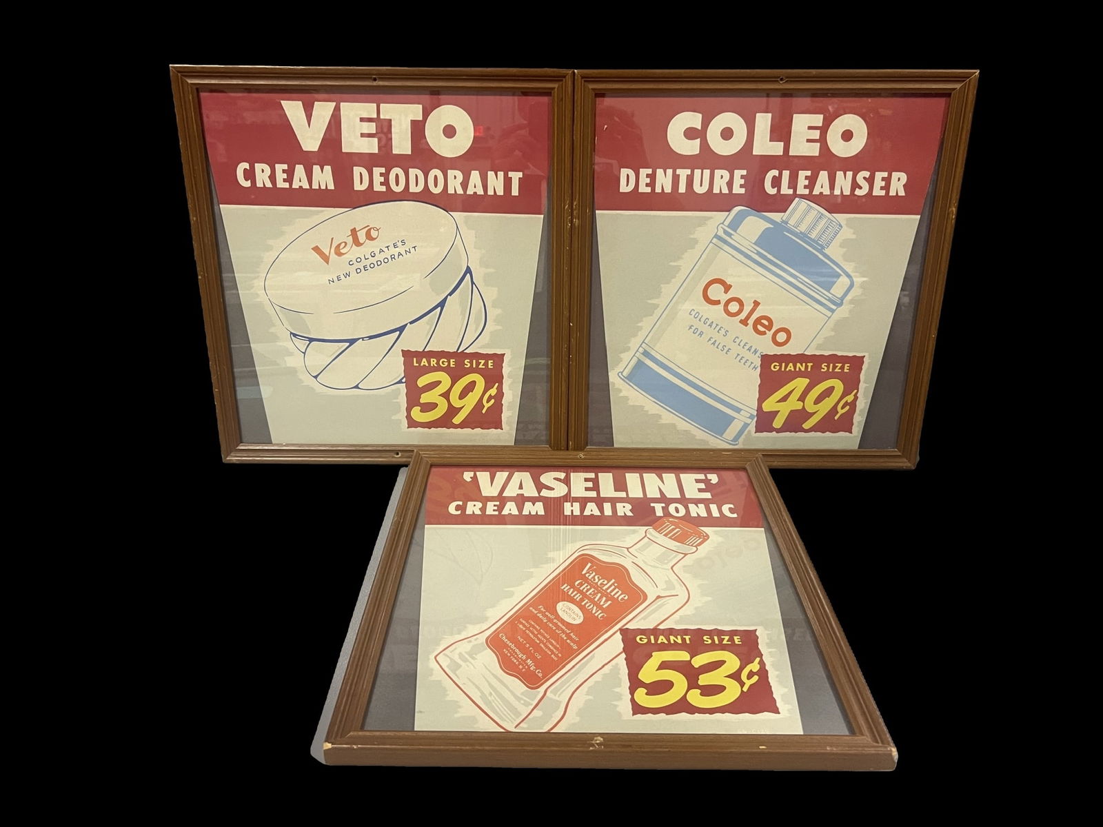 Vaseline Hair Tonic Coleo Denture Veto Cream deodorant cardboard sign (1 of 1)