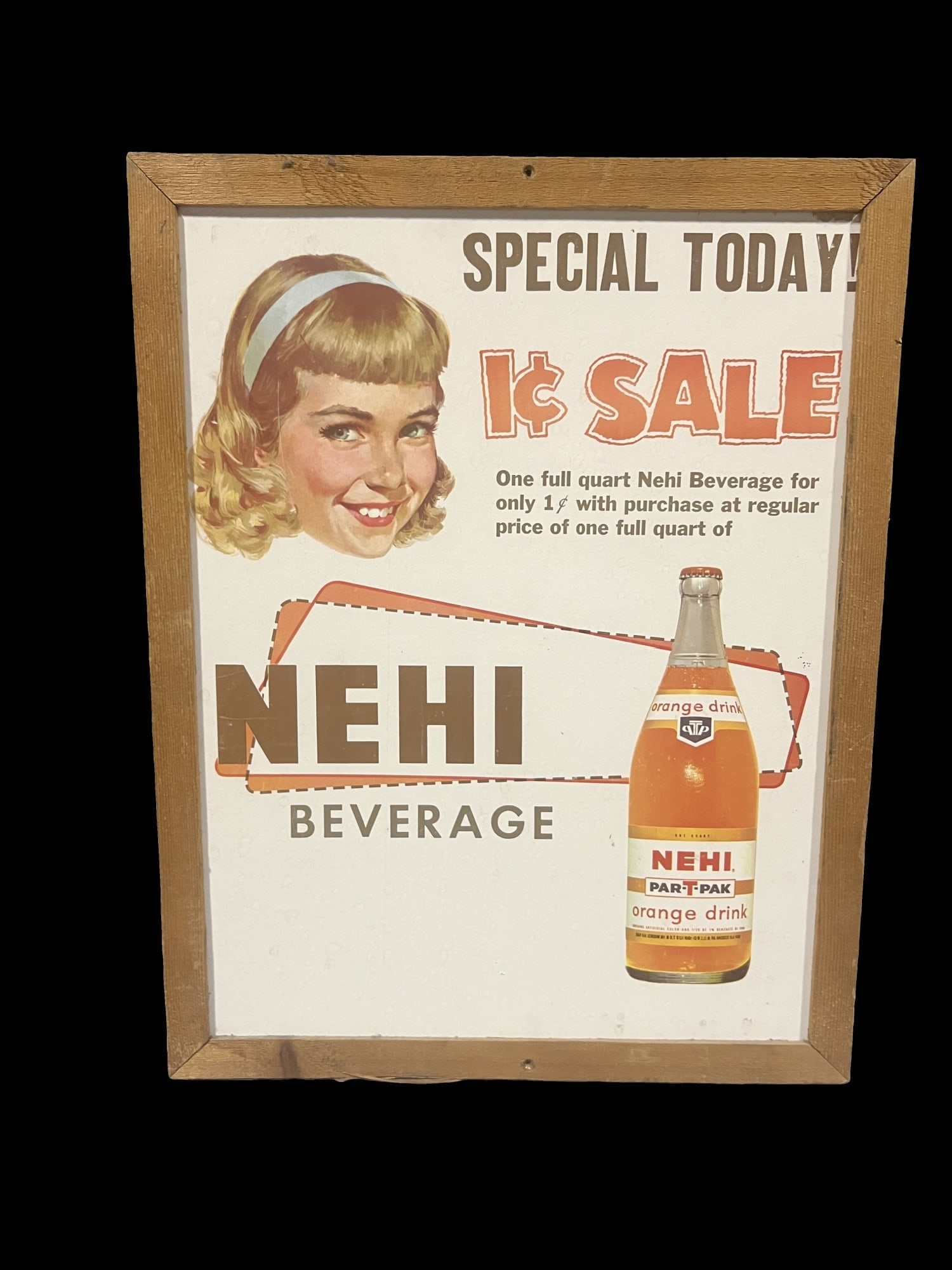 Nehi Beverage 1c sale framed sign: Great graphics. We cannot always confirm if framed items are paper or cardboard without removing them. Consigner will not allow that. We make our best guess as to the material enclosed. 18" H x 23" W.