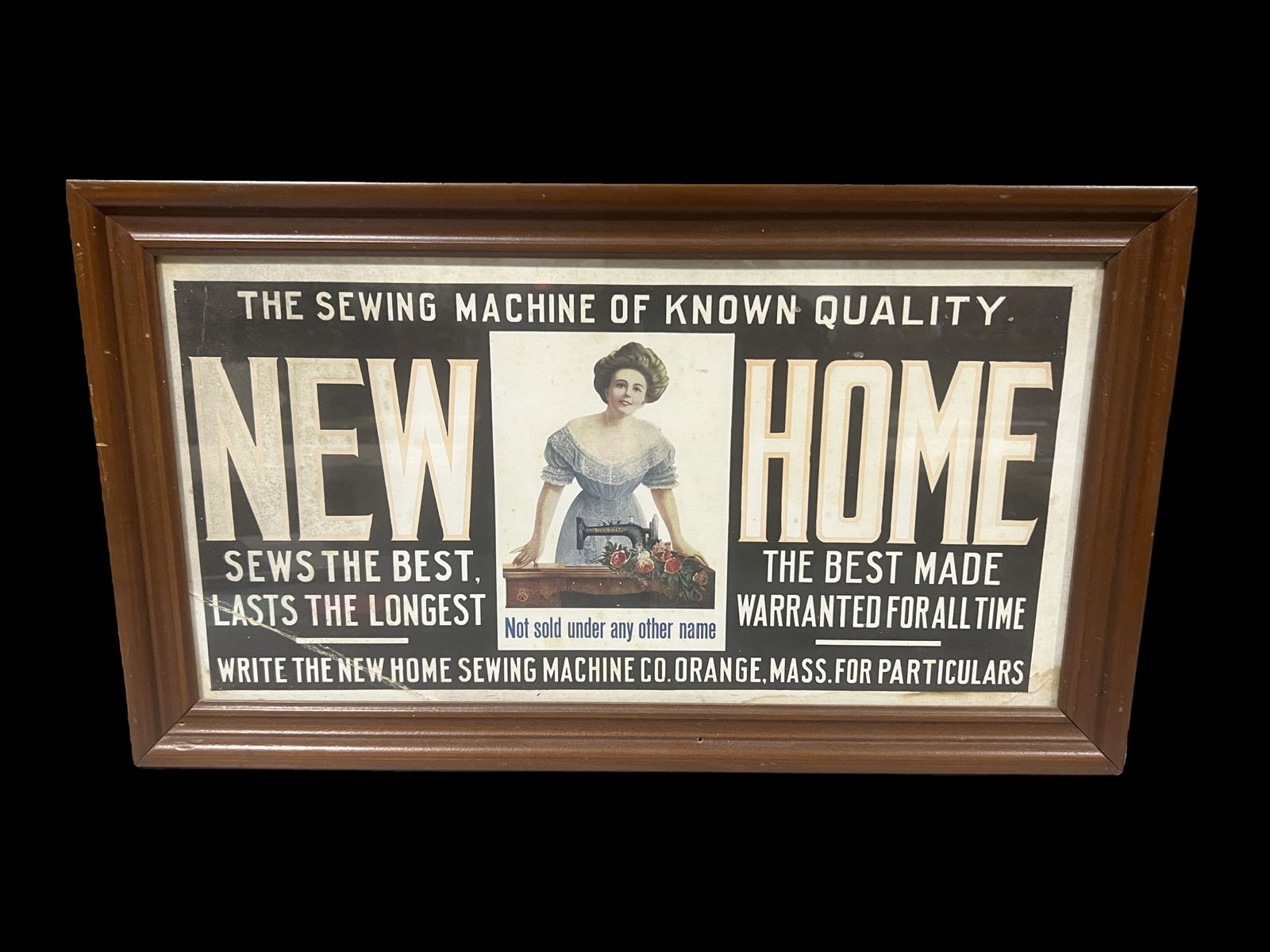 New home sews the best lasts the longest framed sign: Great graphics. We cannot always confirm if framed items are paper or cardboard without removing them. Consigner will not allow that. We make our best guess as to the material enclosed. 24" H x 13" W.