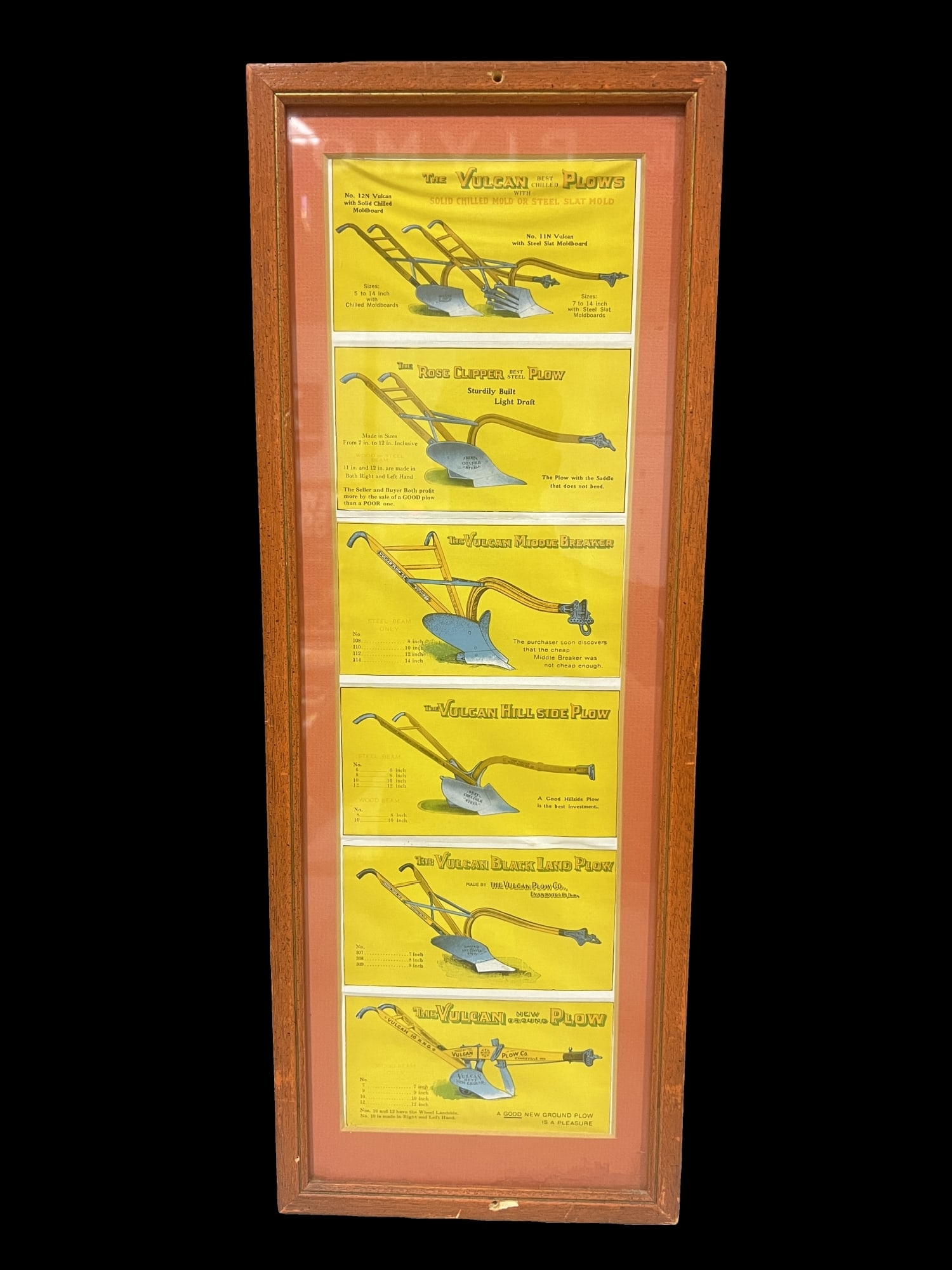 Vulcan plow framed farming sign: Great graphics. We cannot always confirm if framed items are paper or cardboard without removing them. Consigner will not allow that. We make our best guess as to the material enclosed. 9" H x 24" W.