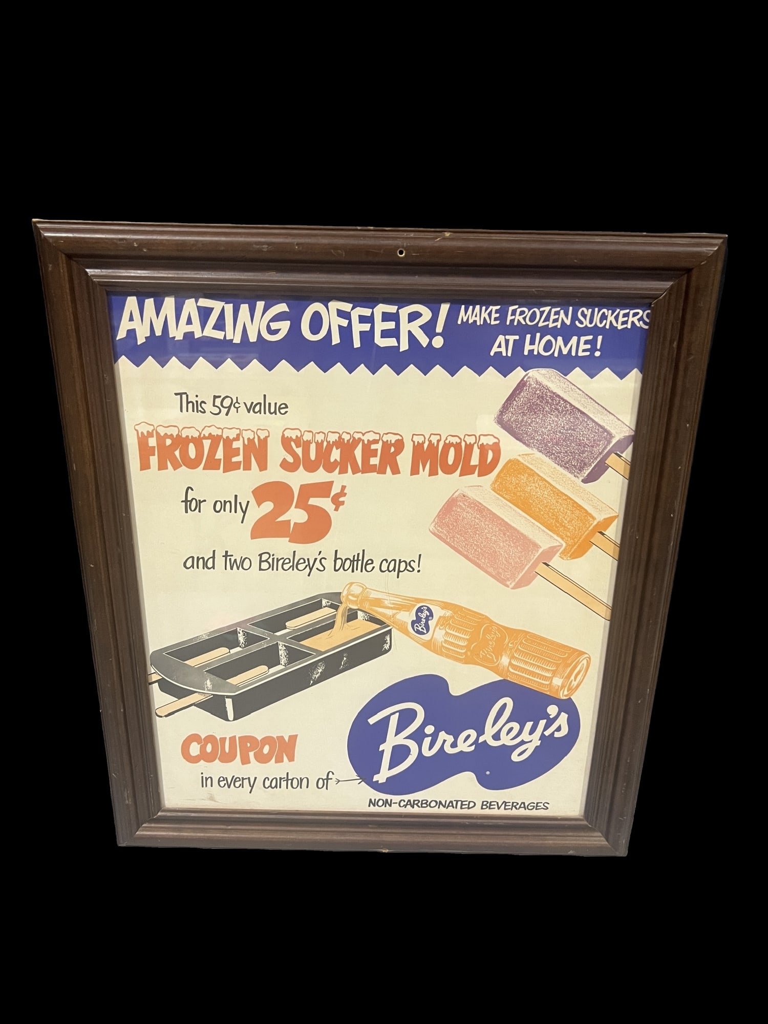 Bireley's frozen sucker mold framed sign: Great graphics. We cannot always confirm if framed items are paper or cardboard without removing them. Consigner will not allow that. We make our best guess as to the material enclosed. 20" H x 24" W.