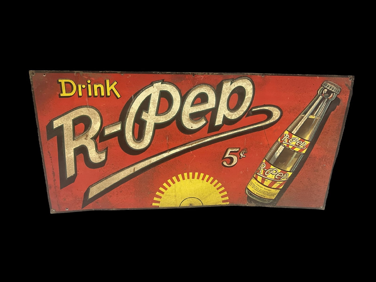 R pep tin metal soda sign: Has been exposed to heat causing paint lift and lots of staining. 36" H x 18" W.