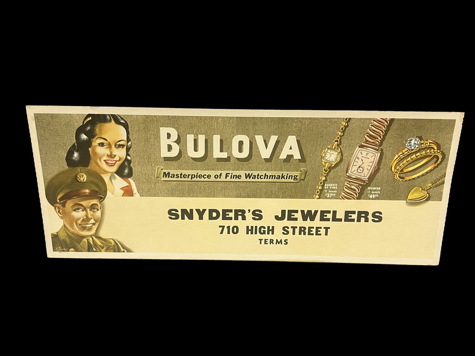 Bulova watches synders jewelers cardboard sign: Very clean graphics. 28" H x 11" W.