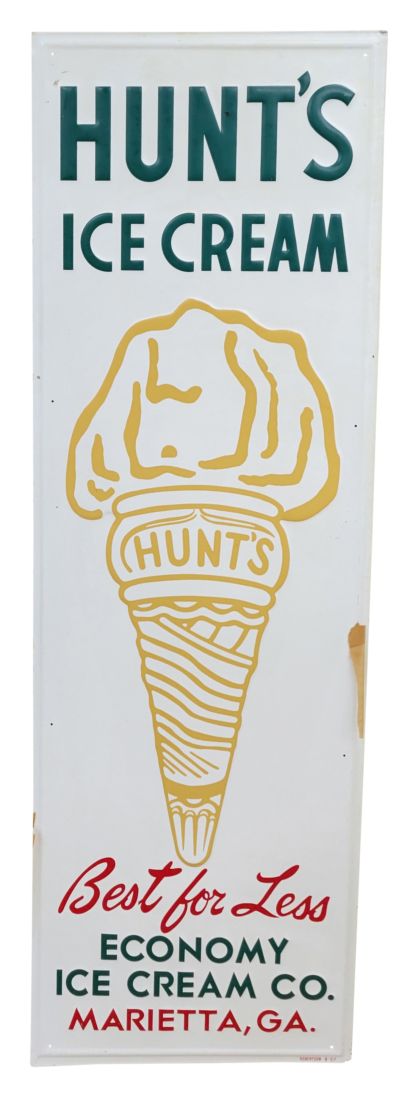 1957 NOS Hunt's Ice Cream "Best for Less" 54" Embossed SST Sign Marietta GA (1 of 2)