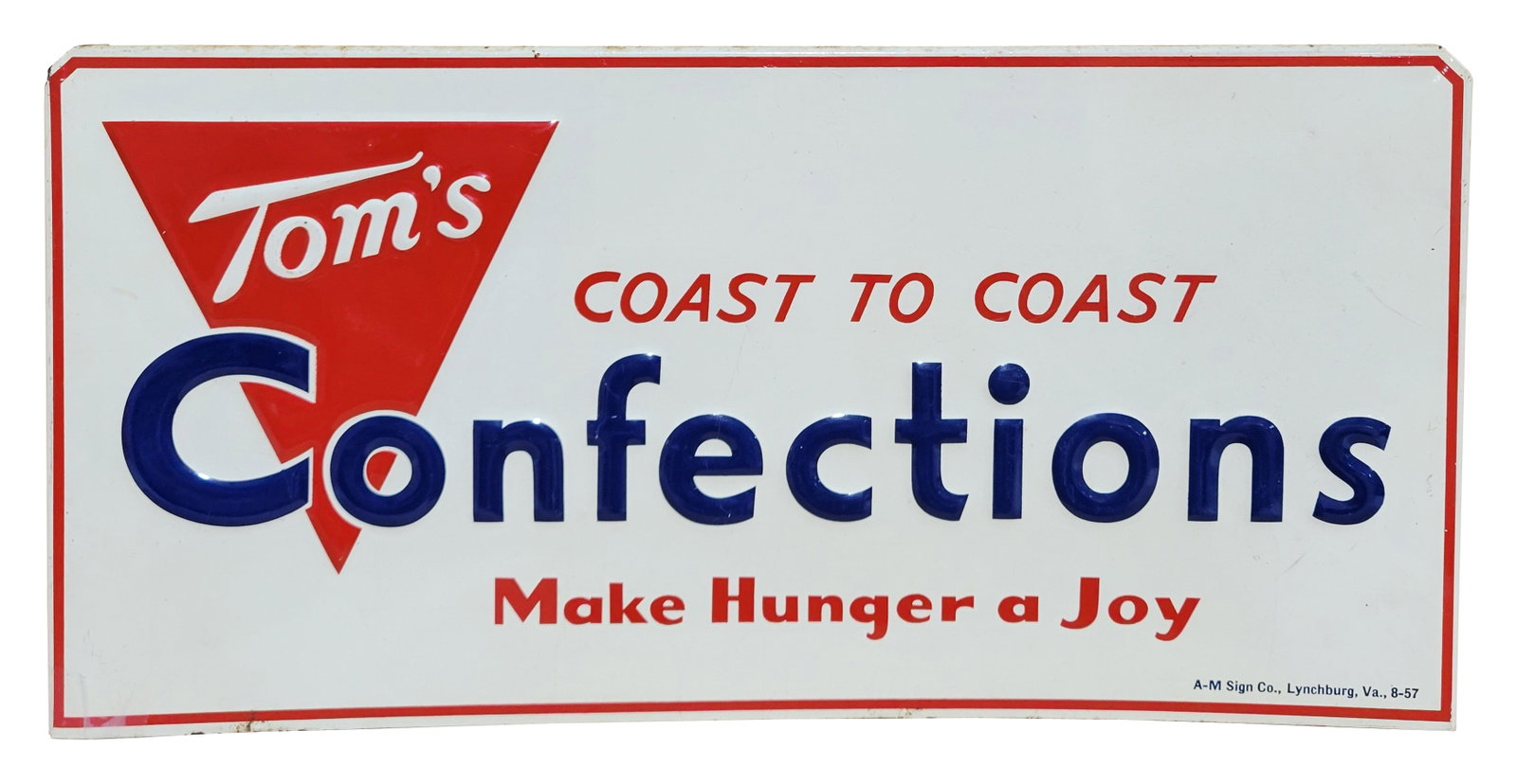 Tom's Coast to Coast Confections SST Rack Sign: 16.5" x 8 ", SST Tom's embossed rack sign very good shine and color. There are a few light scuffs and very minor wear along the bottom edge. Marked A-M Signs., Lynchburg, Va., 8-57. >>>>>>>>> PLEASE N