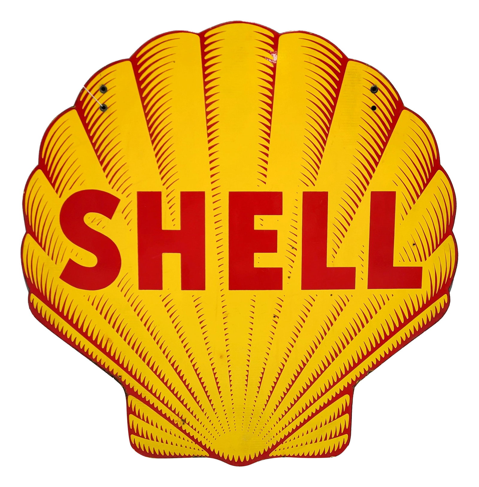Shell Gasoline Shark Tooth 48" DSP Sign: 48" x 47", DSP sign has good color and gloss. Side #1 has small chips in the fields with areas of discoloration and slightly lower gloss to the yellow porcelain. The perimeter has small chips at mount