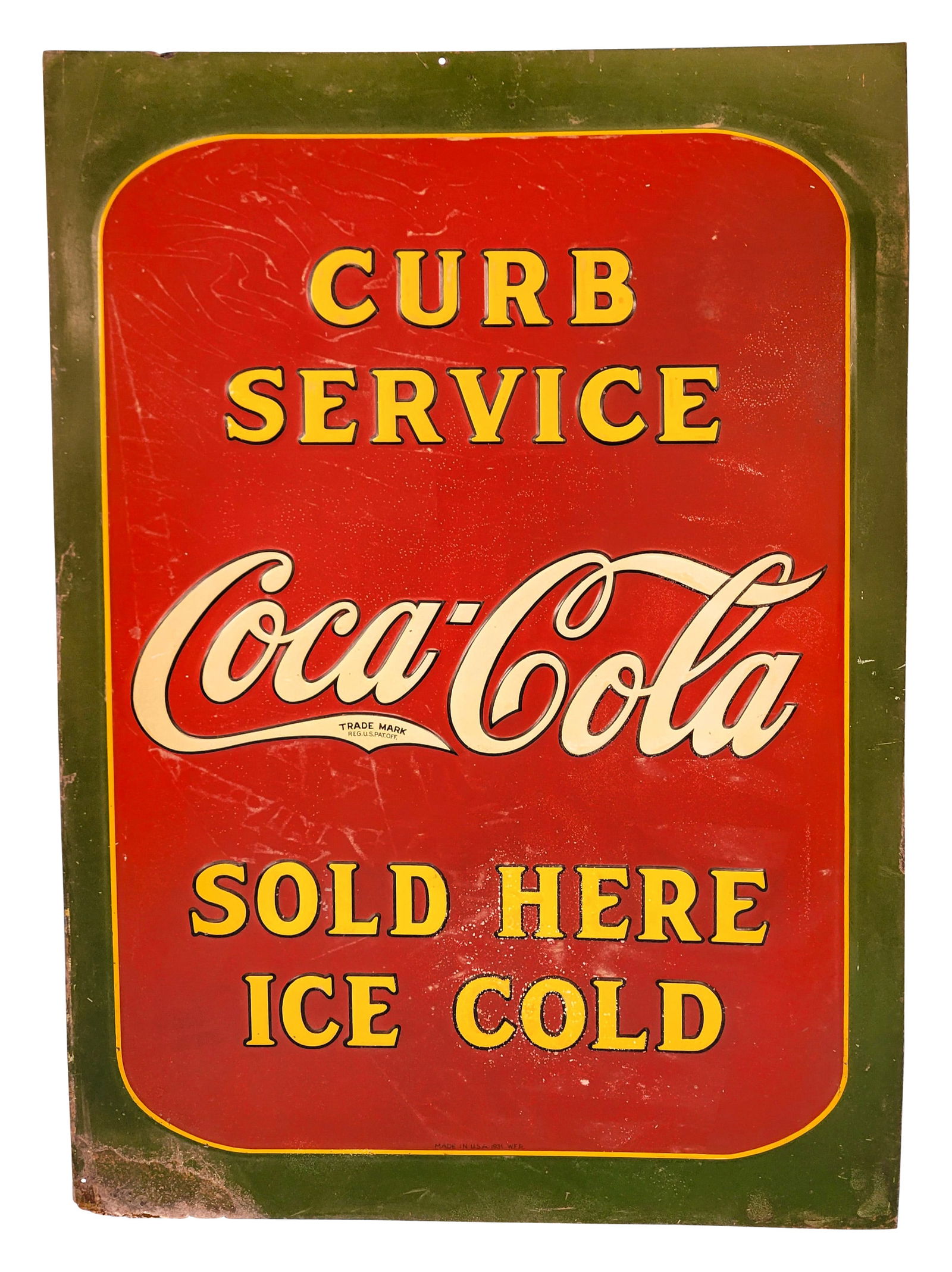 Coca Cola Curb Service "Sold Here Ice Cold" Embossed SST Sign (1 of 3)