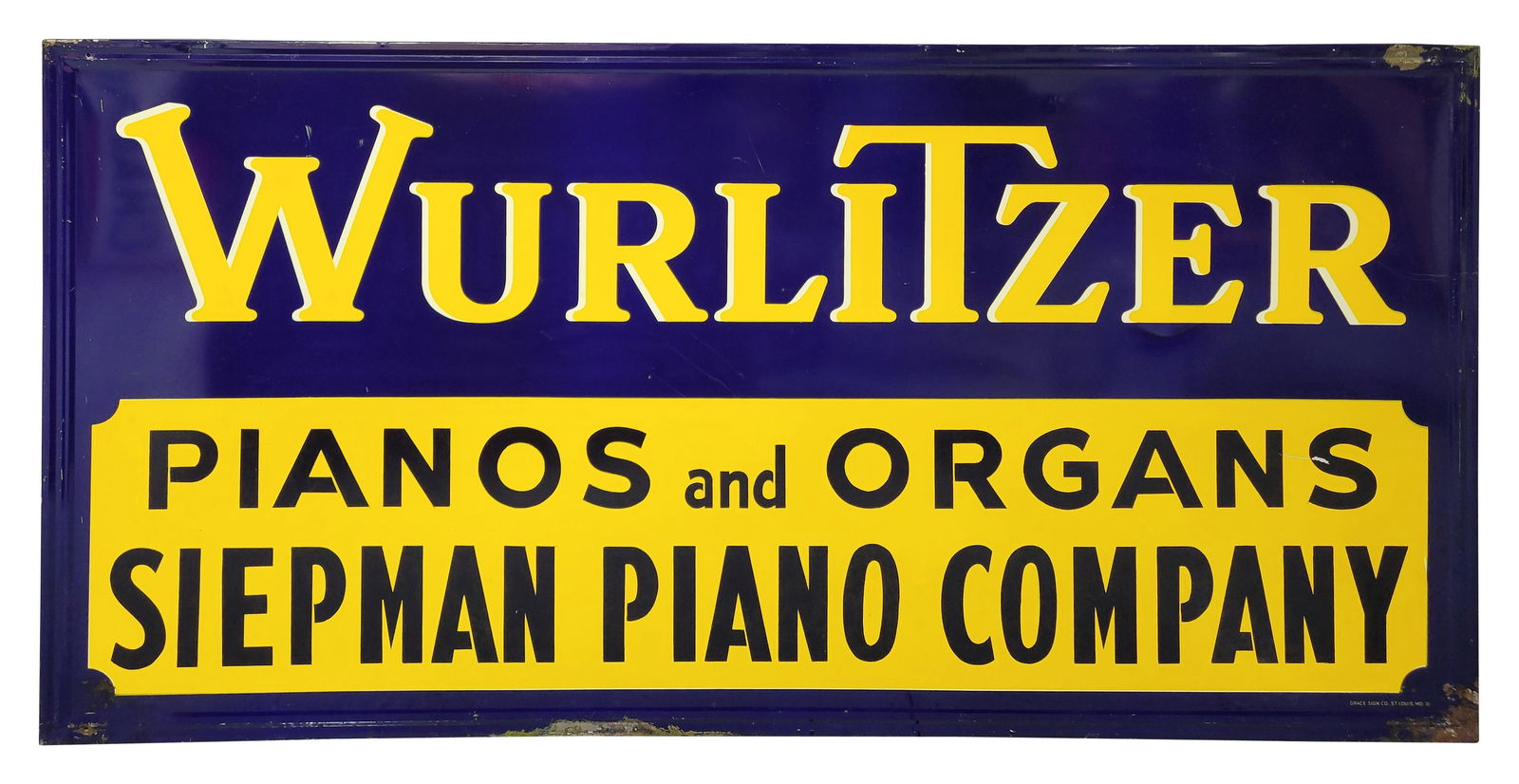 Wurlitzer Pianos and Organs Siepman Piano Company SST Sign: 36" x 72", SST self-framed sign has very good color and shine. The field has fine scratches with light wear and a scratch through the "N & S" of Organs. The perimeter has minor bends, scratches and ar