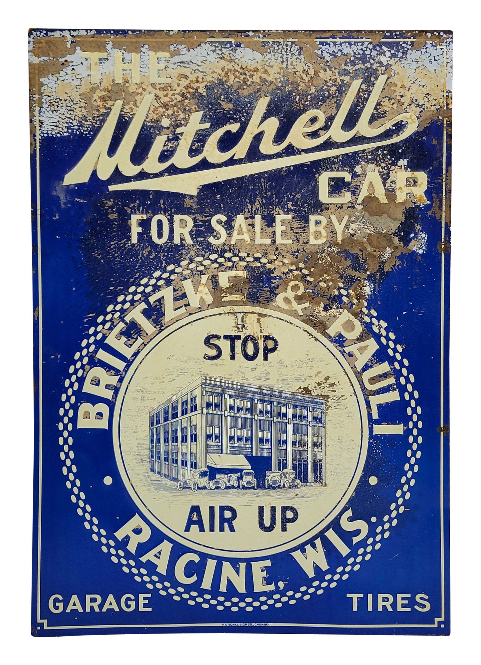 NOS The Mitchell Car "Stop Air Up" Garage Tires Racine Wisconsin Embossed SST Sign (1 of 3)