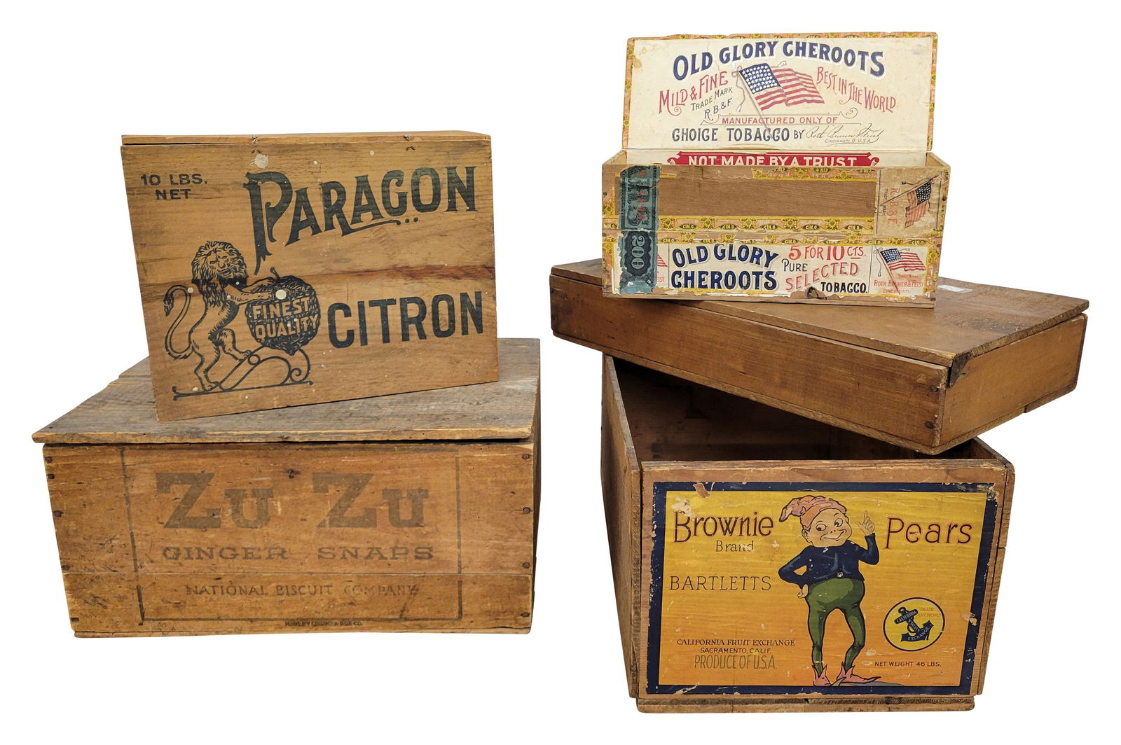 Early Wood Advertising Boxes: Zu Zu Ginger Snaps, Old Glory Cheroots, Brownie Pears, and more. (1 of 3)