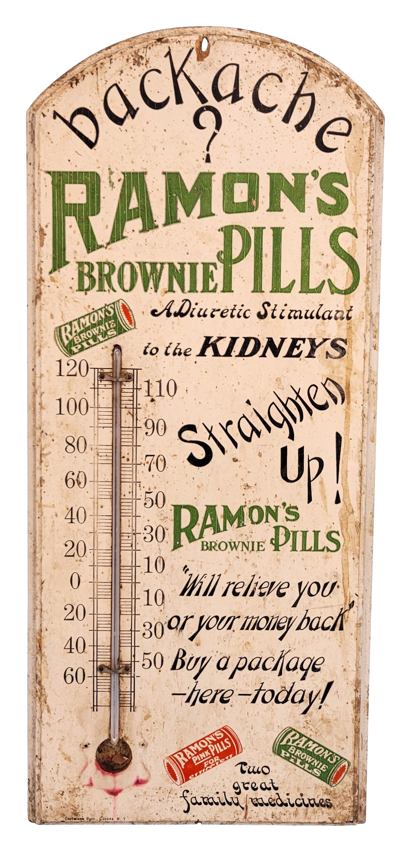 Ramon's Brownie Pills Wooden Advertising Thermometer: 21" x 9", wooden thermometer has good color. The tube is broken and the tube protector is missing. The thermometer has general wear throughout with soiling, staining and paint chips. Marked Dorfmann B