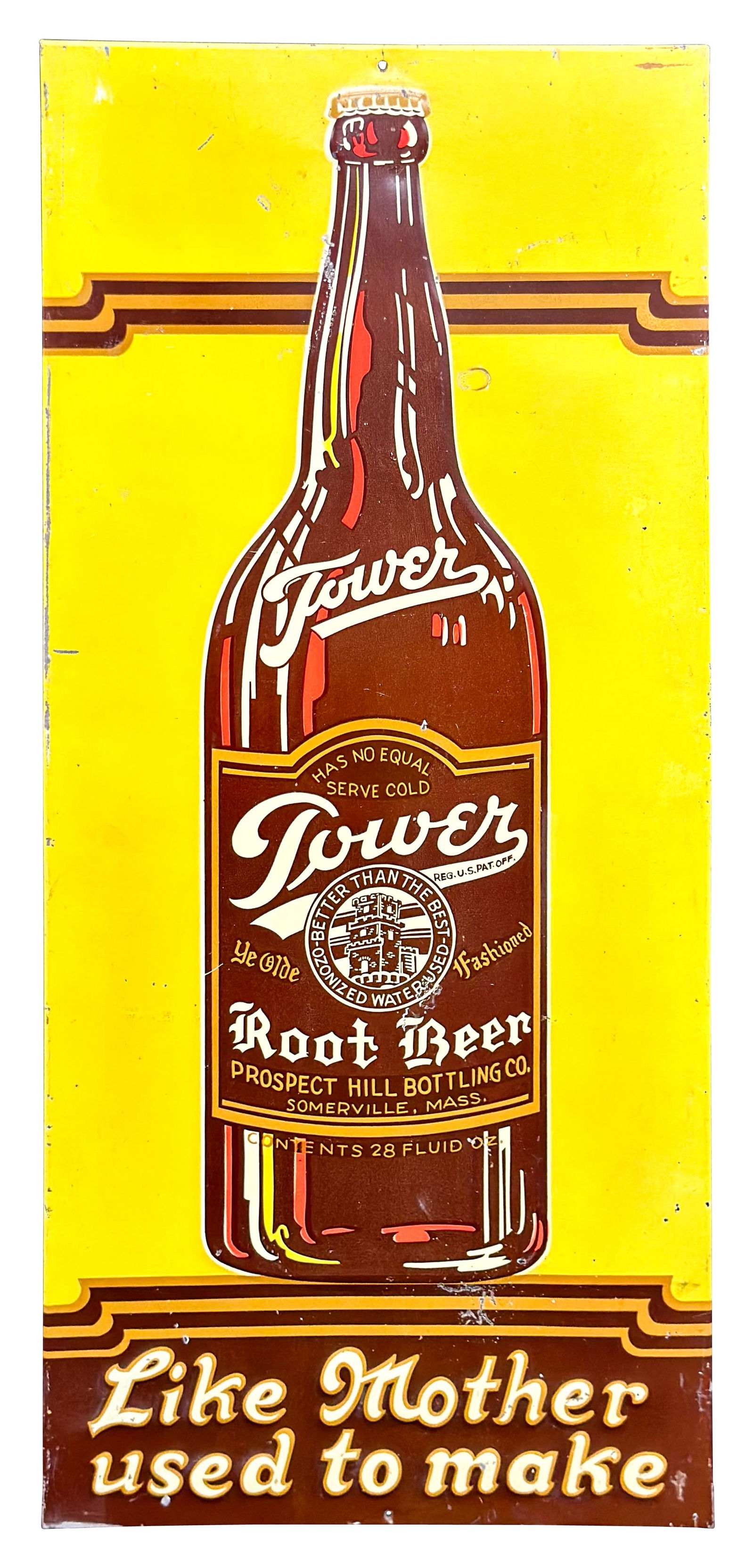 Tower Root Beer "Like Mother Used to Make" Embossed SST Sign w/ Bottle (1 of 3)