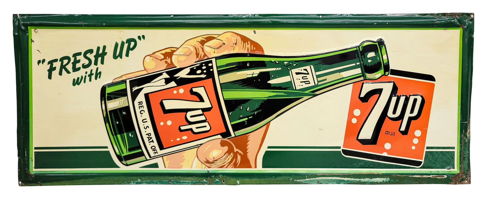 1948 "Fresh Up" with 7up Embossed SST Sign w/ Bottle in Hand (1 of 2)