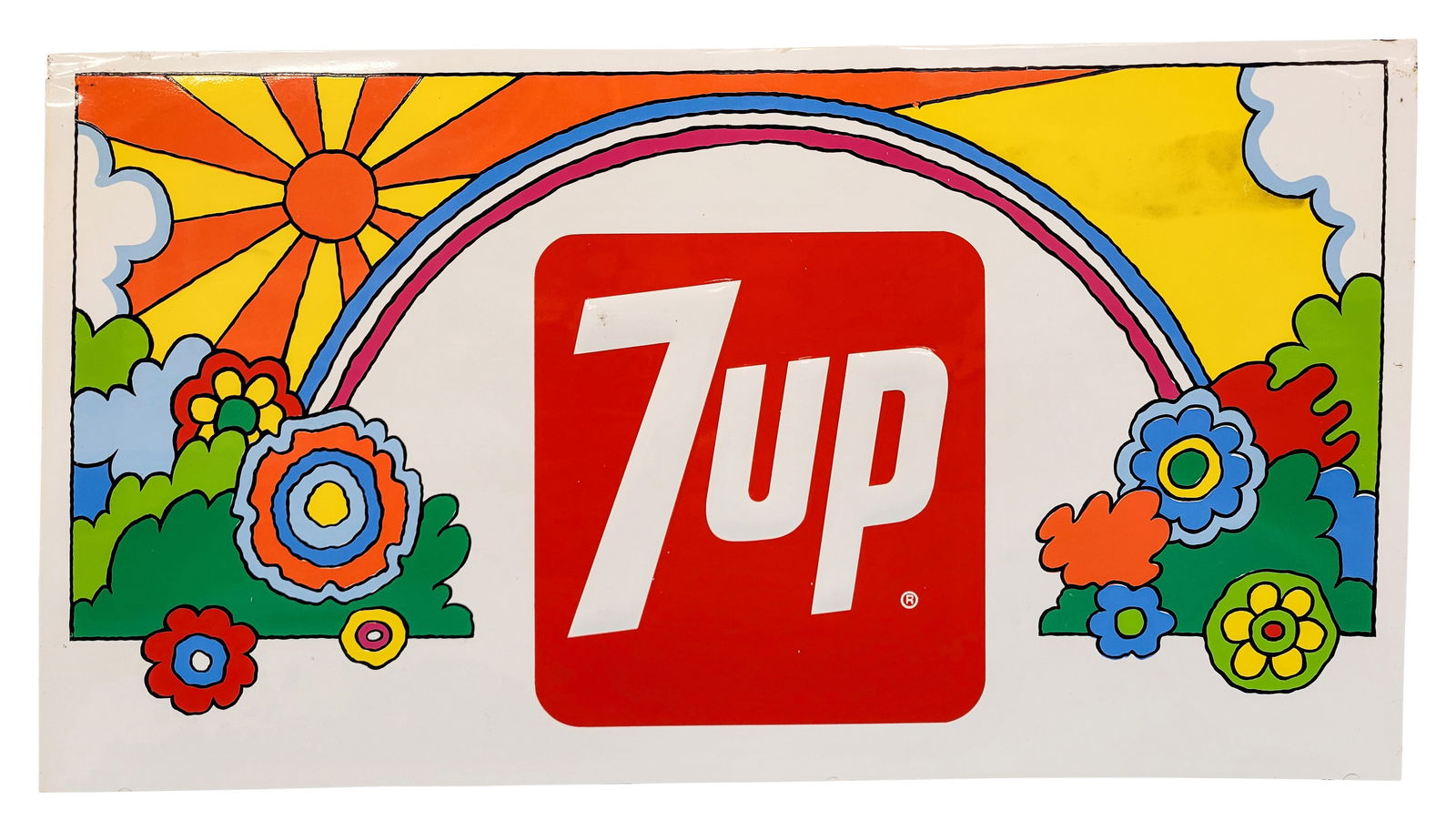 1970s 7up The Uncola Embossed SST Sign w/ Peter Max Style Design: 18" x 33", SST embossed sign has excellent color and shine. The field has areas of light wear and minor oxidation to the "7". The right outer field has discoloration in the yellow. The perimeter has l
