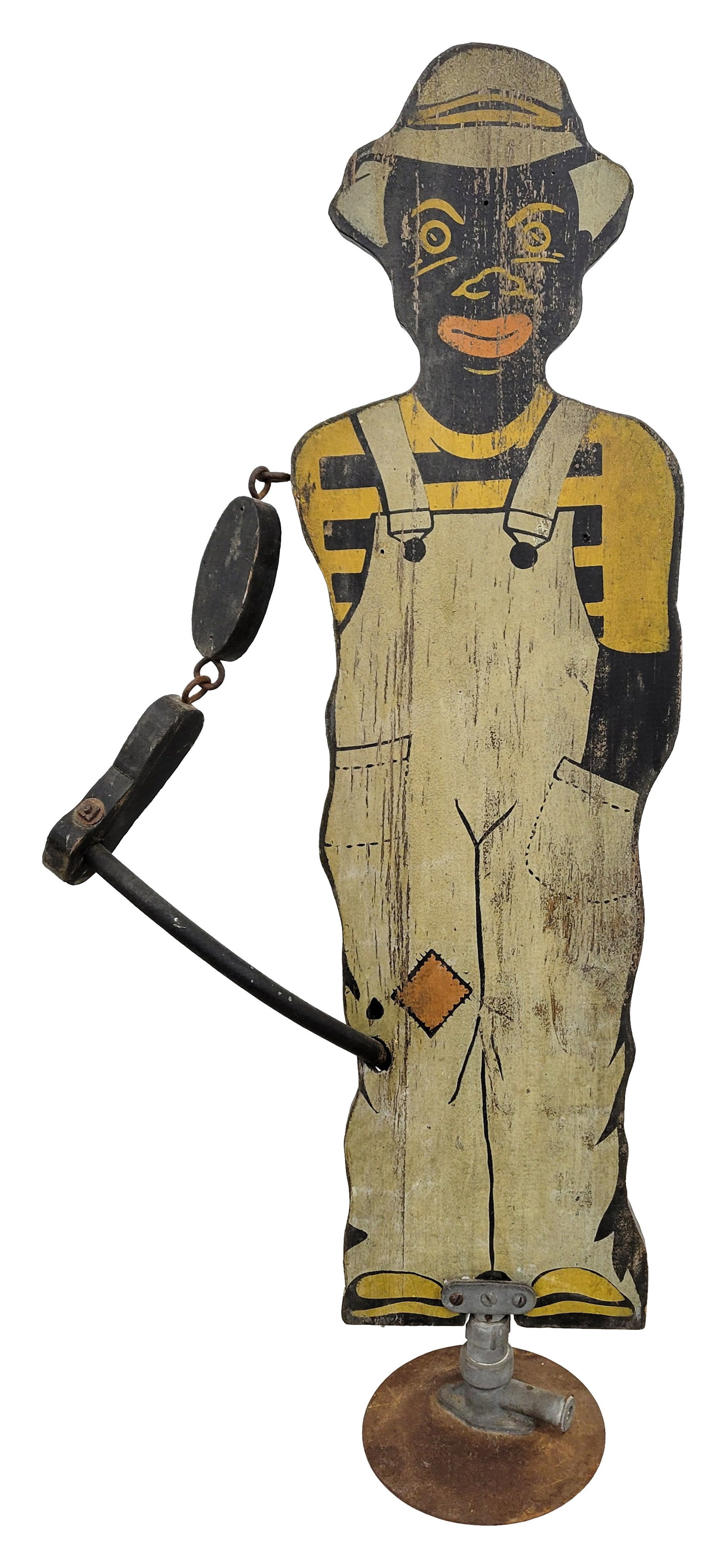 Sprinkling Sambo Mfg. by Firestone: 15" x 33.5", Wood painted Sprinkling Sambo black Americana yard sprinkler with metal base, and rubber hose. Paint is in very good condition with light wear to the face. Mfg. by Firestone Tire & Rubber