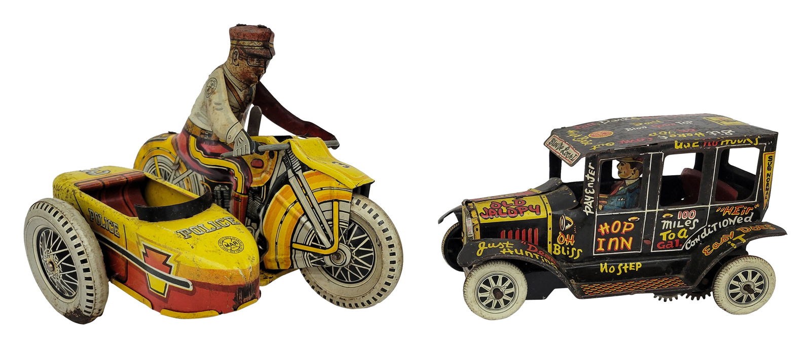 Marx Tin Windup Police Motorcycle  w/ Side Car and Old Jalopy Car (1 of 4)
