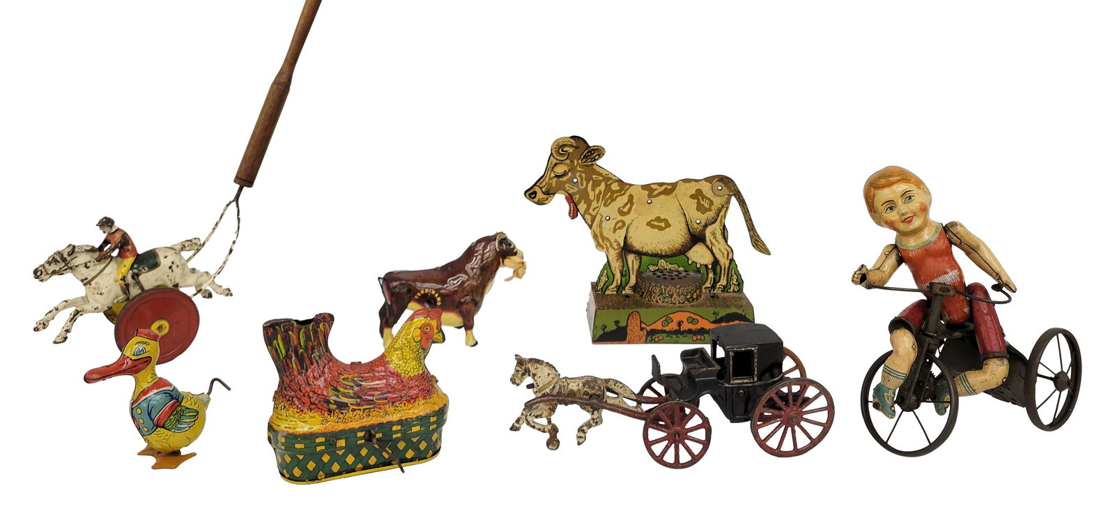 Tin Windup Toys With Boy On Tricycle, Hen, and Bull Plus Cast Iron Wagon & Horse Push Toy (1 of 4)