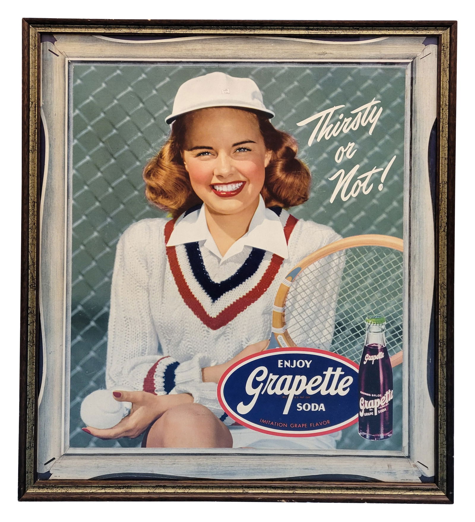 Enjoy Grapette Soda "Thirsty or Not!" Framed Cardboard Sign w/ Lady Tennis Racket & Logo (1 of 5)